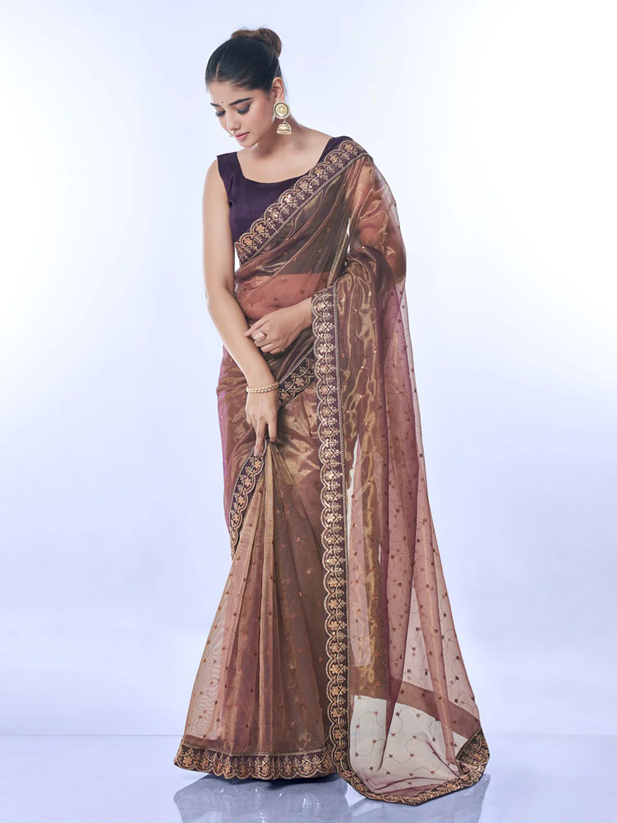 Odette Brown Embellished Net Saree With Unstitched Blouse For Women - Image 3