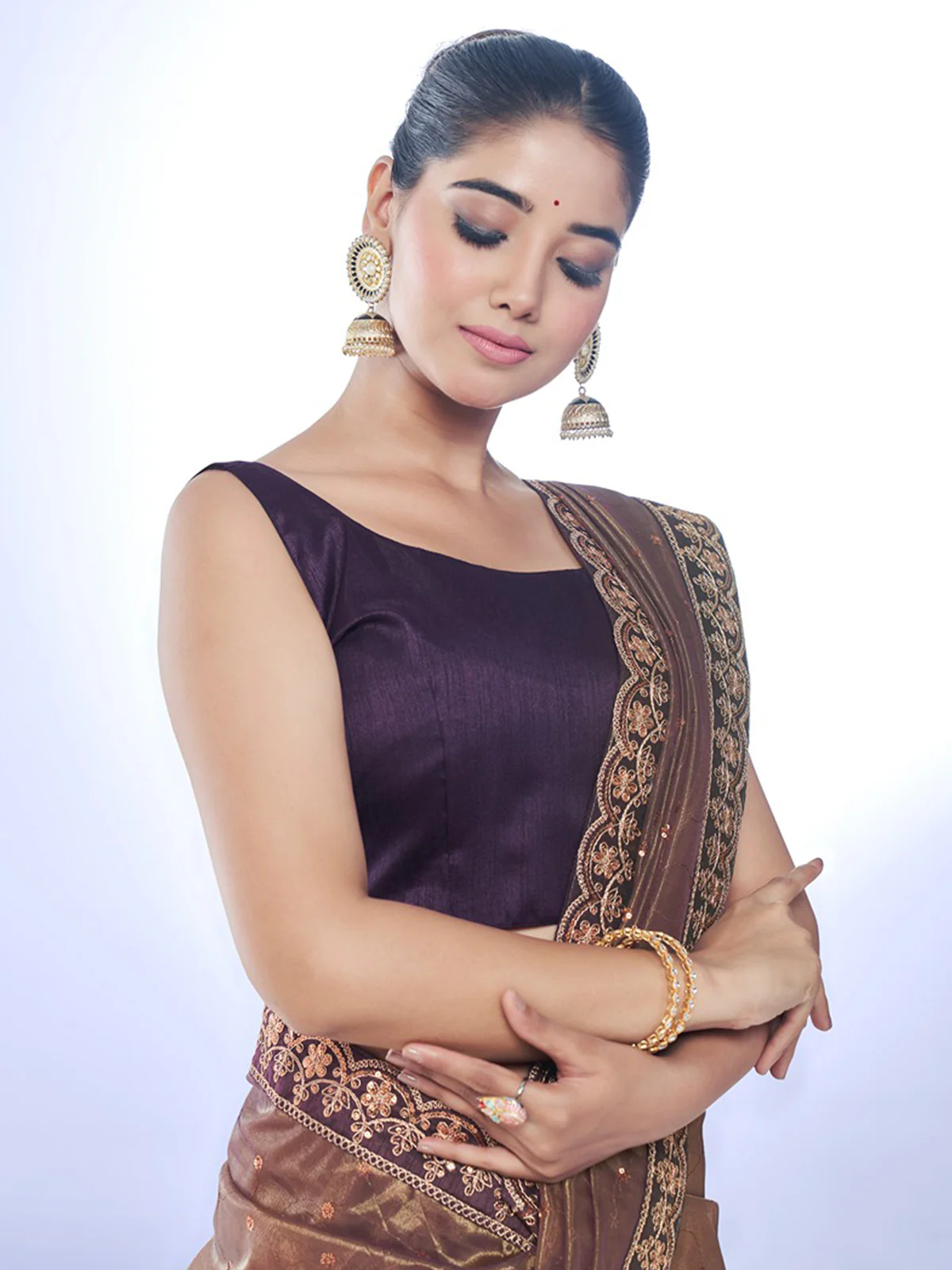 Odette Brown Embellished Net Saree With Unstitched Blouse For Women - Image 6