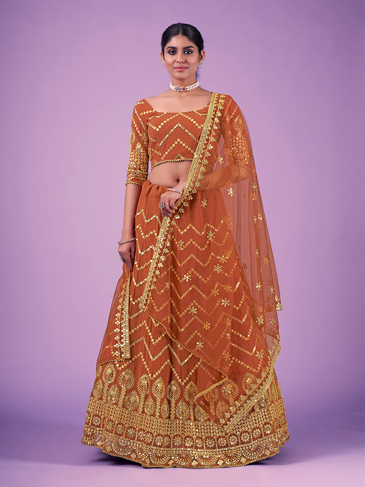 Odette Rust Embroidered Georgette Semi Stitched Lehenga With Blouse For Women
