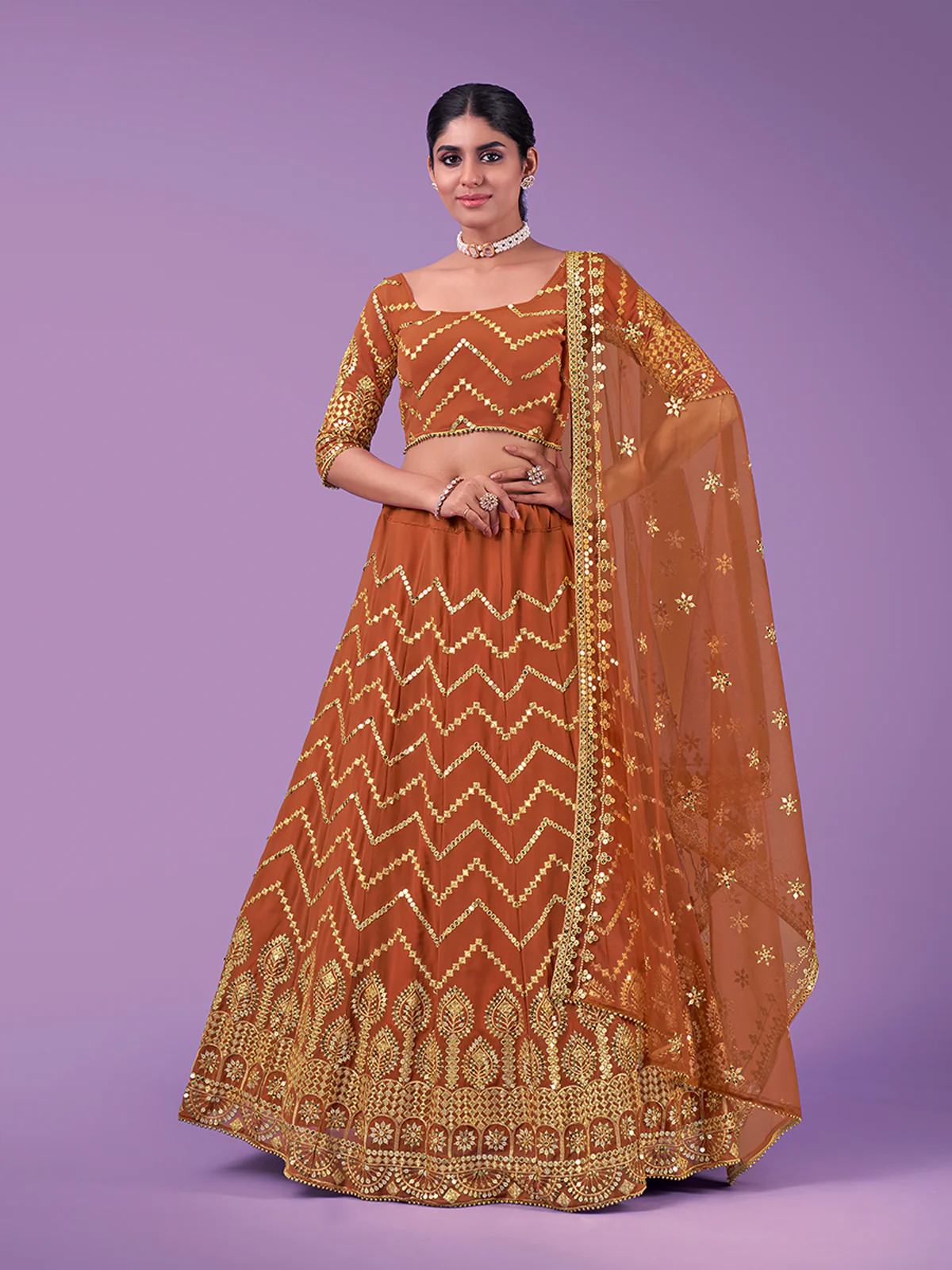 Odette Rust Embroidered Georgette Semi Stitched Lehenga With Blouse For Women - Image 2