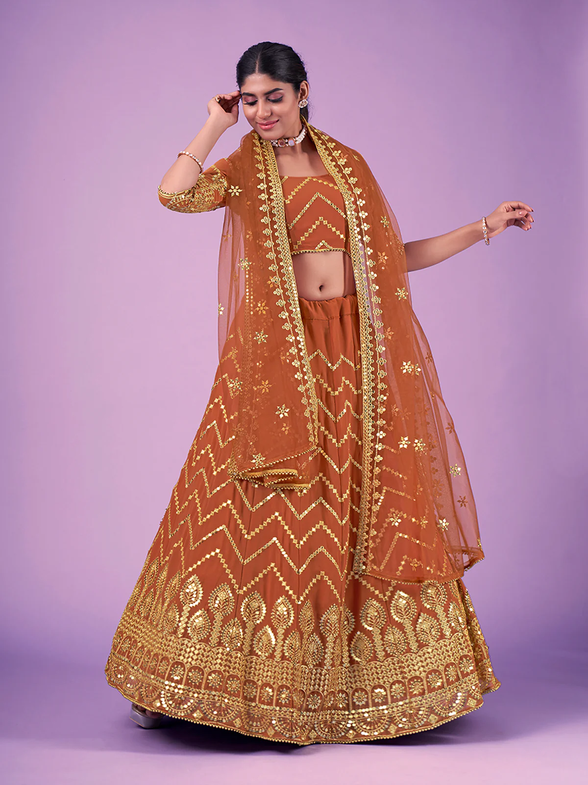 Odette Rust Embroidered Georgette Semi Stitched Lehenga With Blouse For Women - Image 3