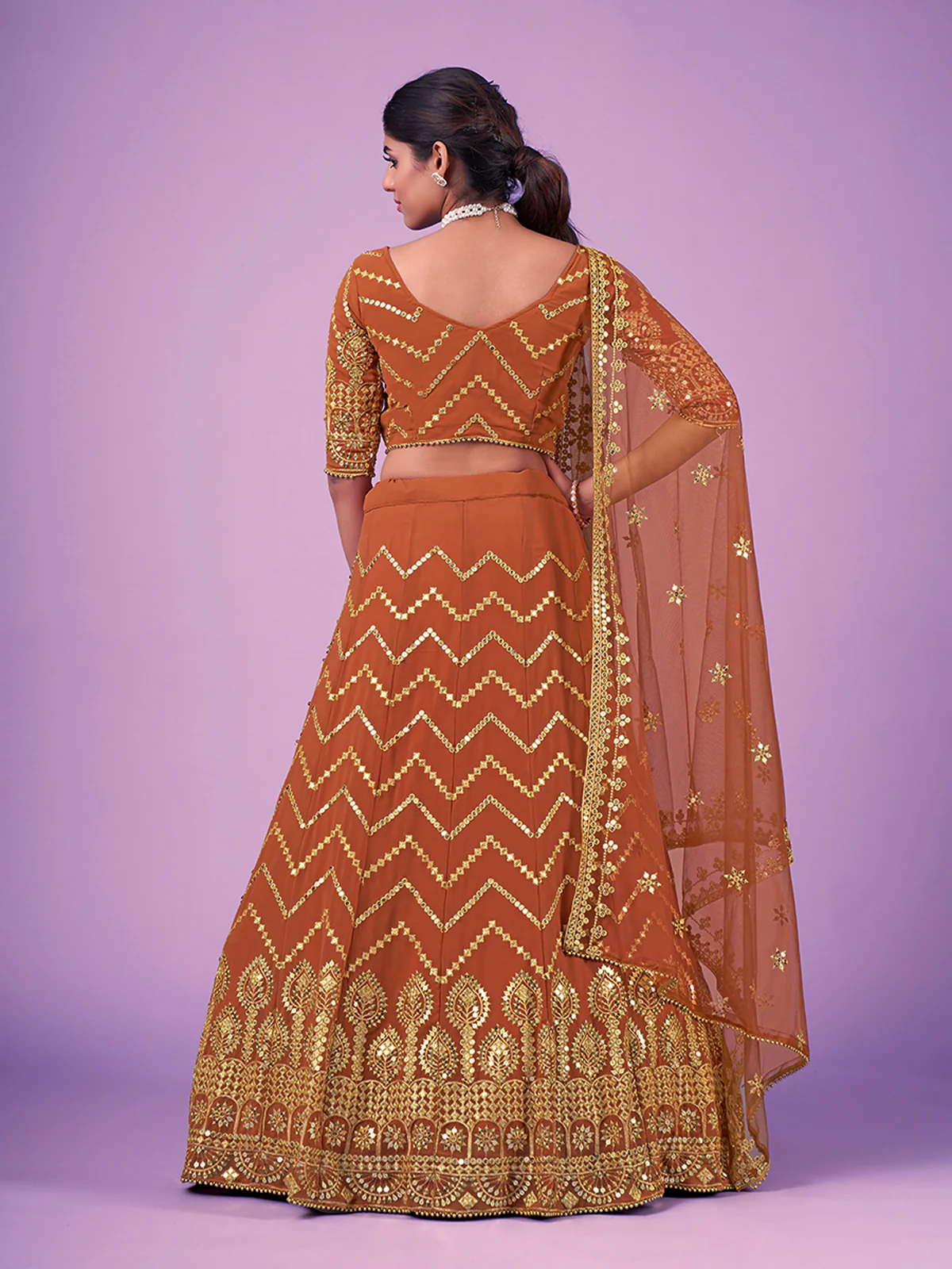 Odette Rust Embroidered Georgette Semi Stitched Lehenga With Blouse For Women - Image 4
