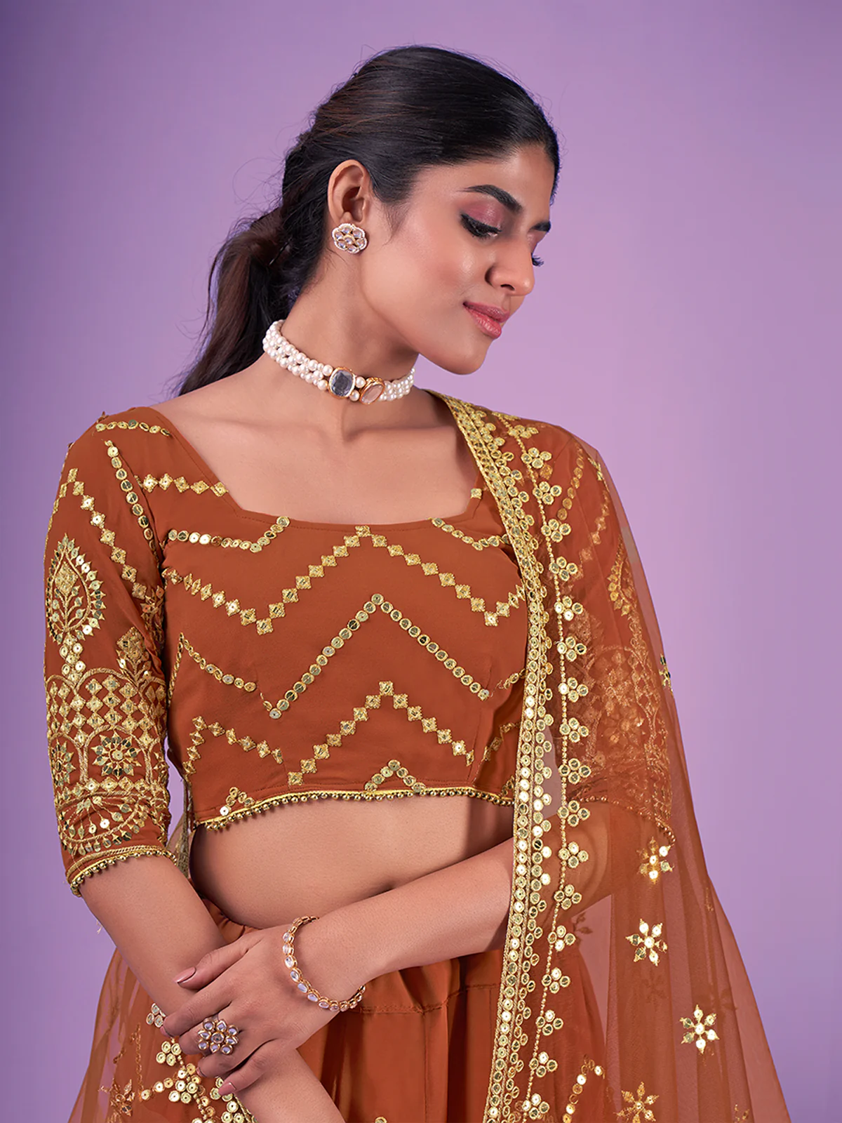 Odette Rust Embroidered Georgette Semi Stitched Lehenga With Blouse For Women - Image 5