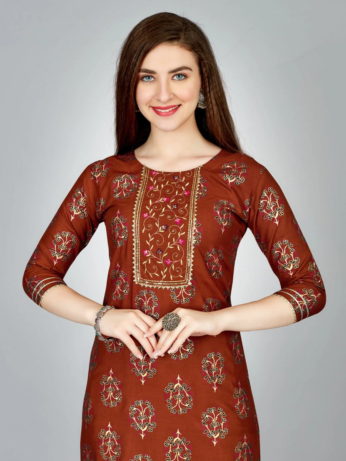 Odette Rust Embroidered Rayon Stitched Kurta Set For Women - Image 4