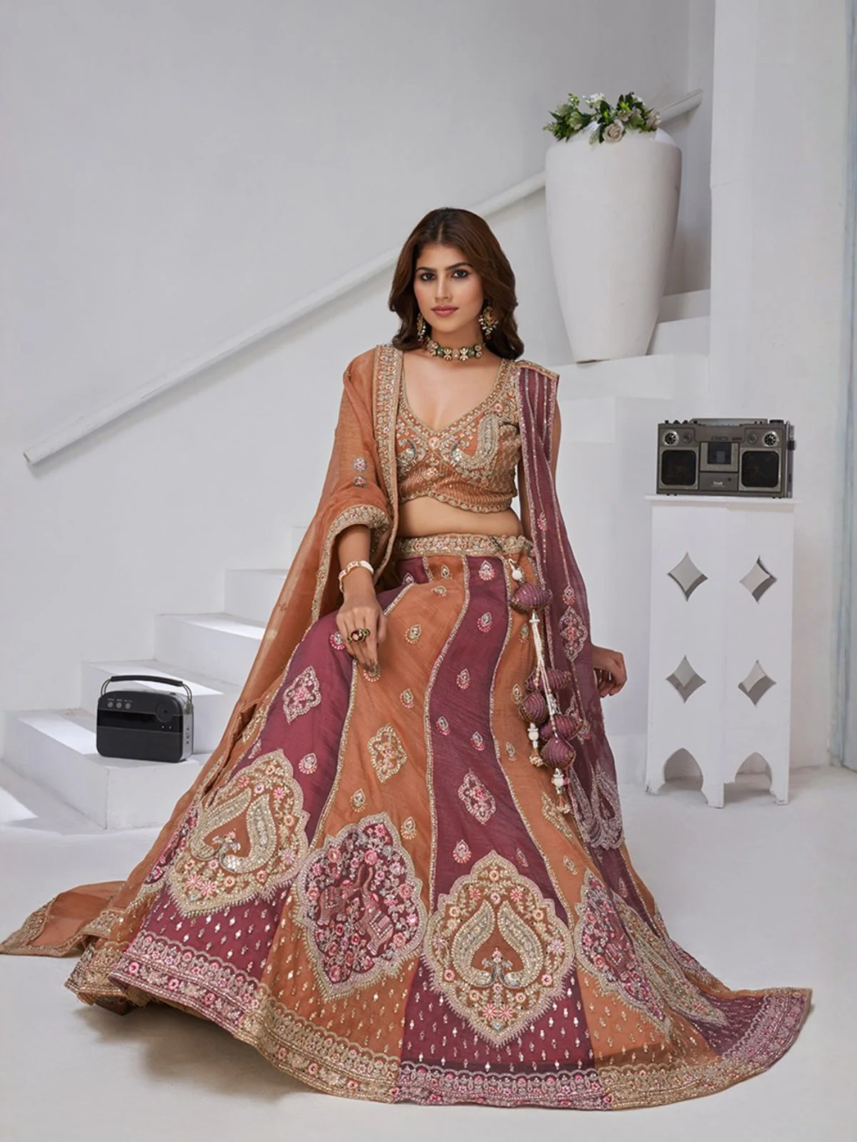 Odette Rust Georgette Tissue Embroidered Semi-Stitched Lehenga For Women - Image 3