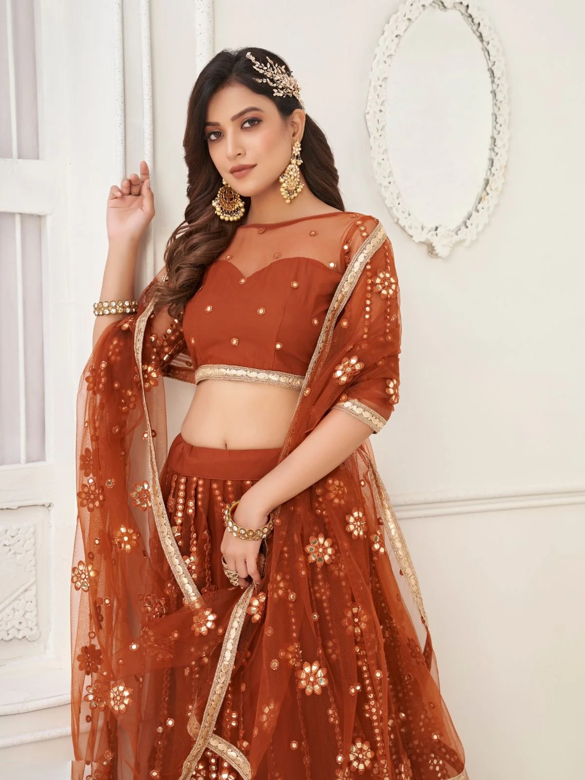 Odette Rust Net Embroidered Semi Stitched Lehenga For Women - Image 4