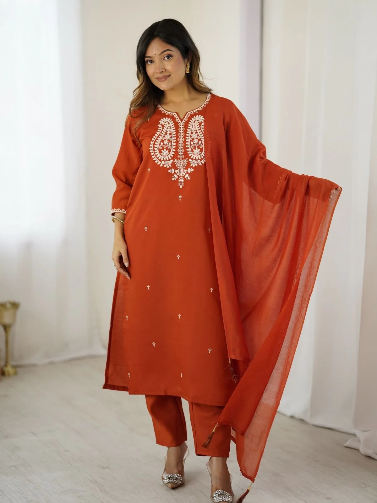 Odette Rust Orange Chanderi Embriodered Stitched Kurta Set For Women