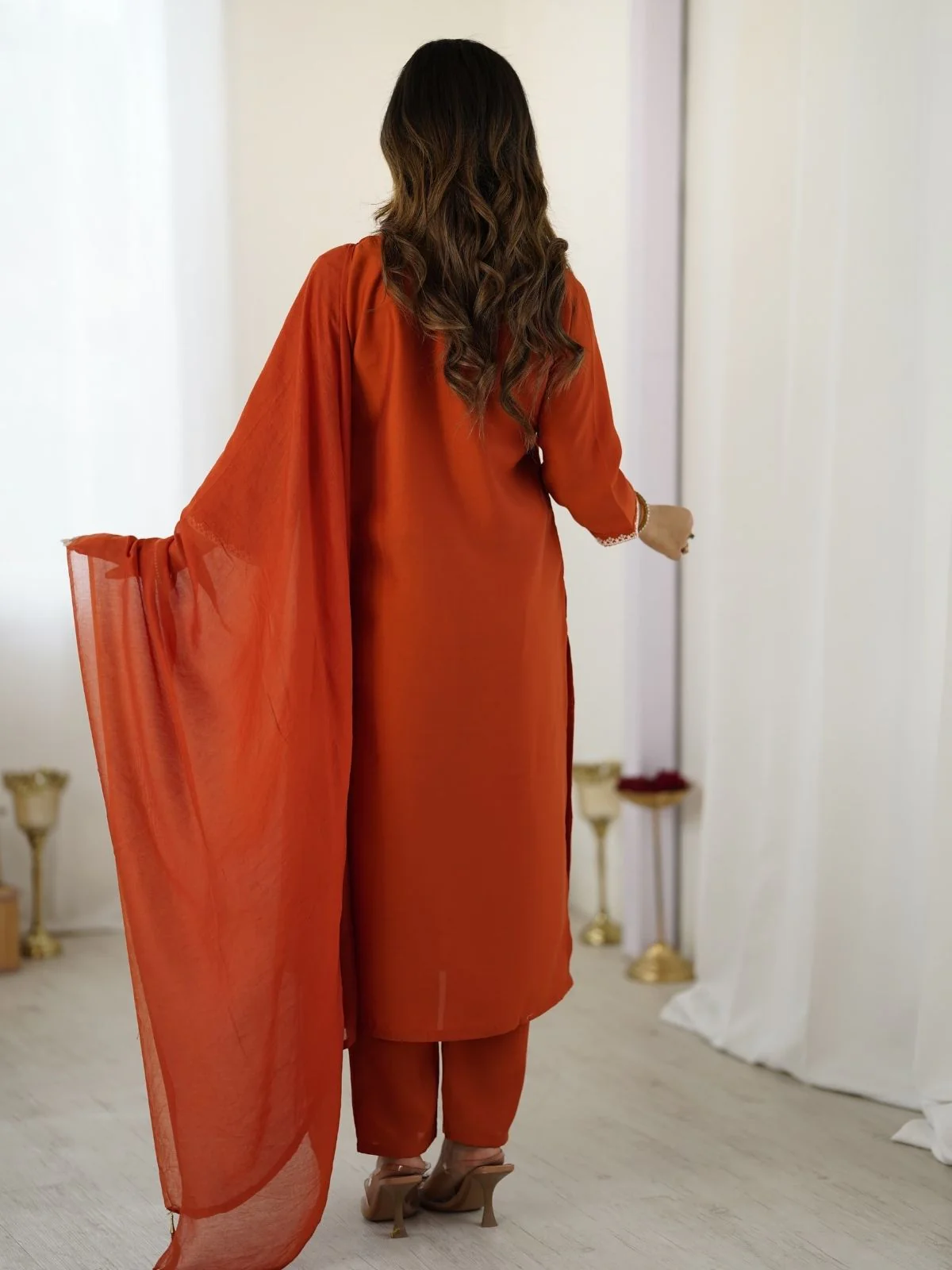 Odette Rust Orange Chanderi Embriodered Stitched Kurta Set For Women - Image 2