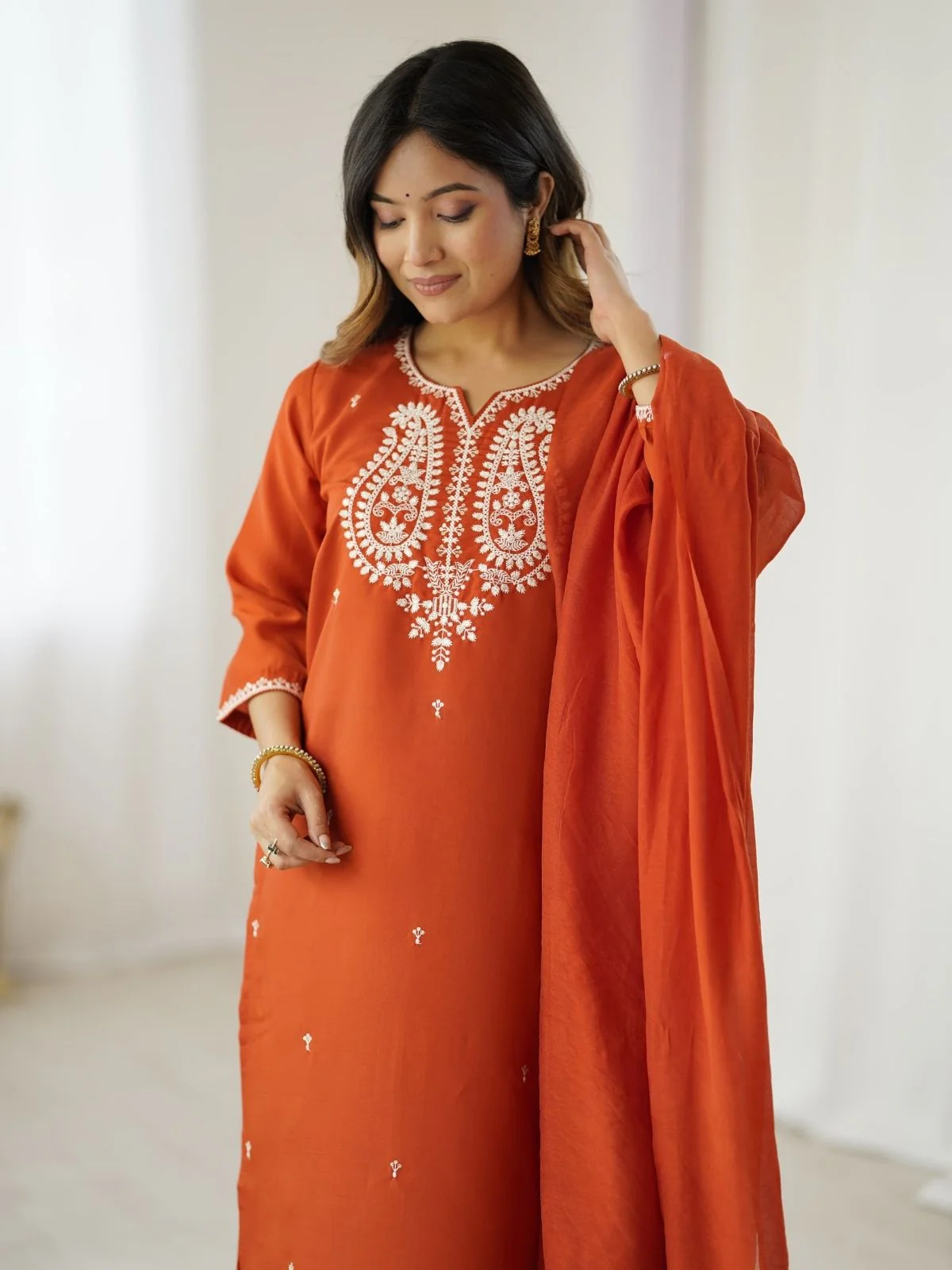 Odette Rust Orange Chanderi Embriodered Stitched Kurta Set For Women - Image 3