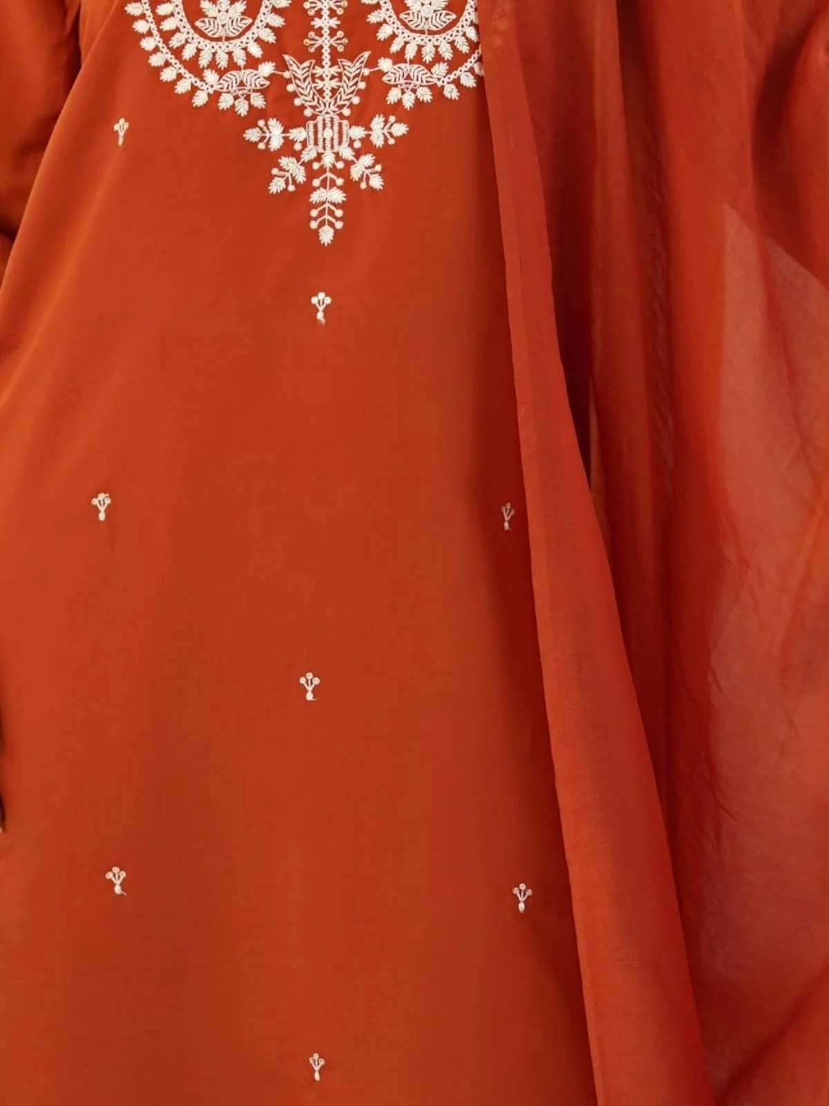 Odette Rust Orange Chanderi Embriodered Stitched Kurta Set For Women - Image 4