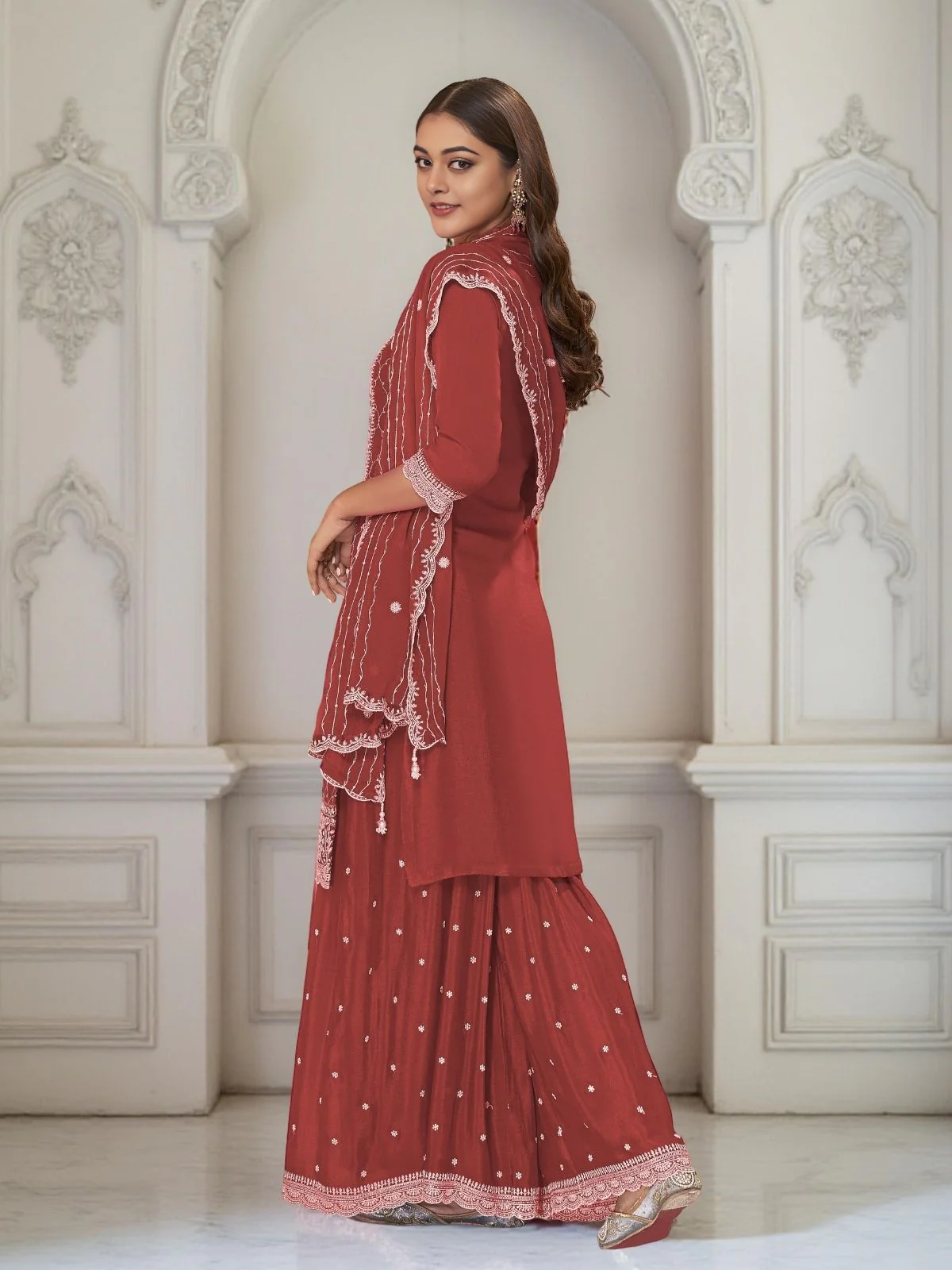 Odette Rust Orange Chinon Embroidered Stitched Kurta Set For Women - Image 2