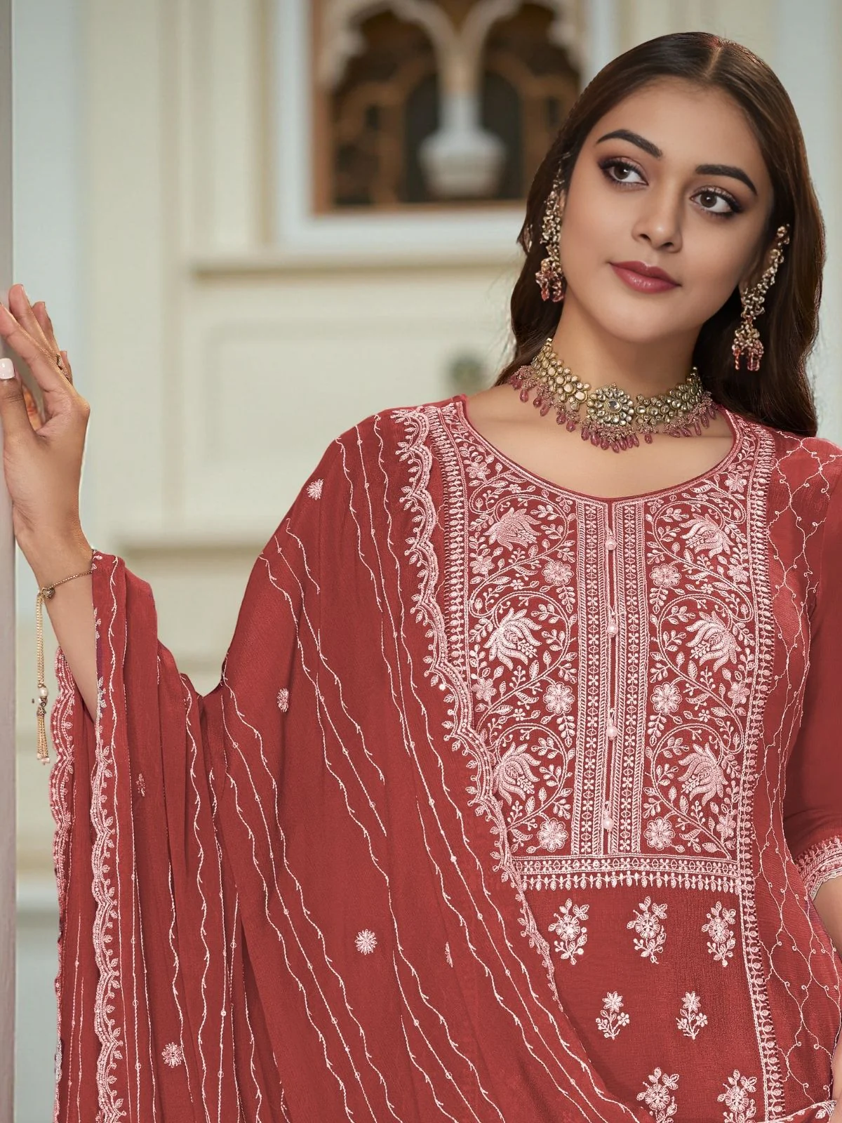 Odette Rust Orange Chinon Embroidered Stitched Kurta Set For Women - Image 3