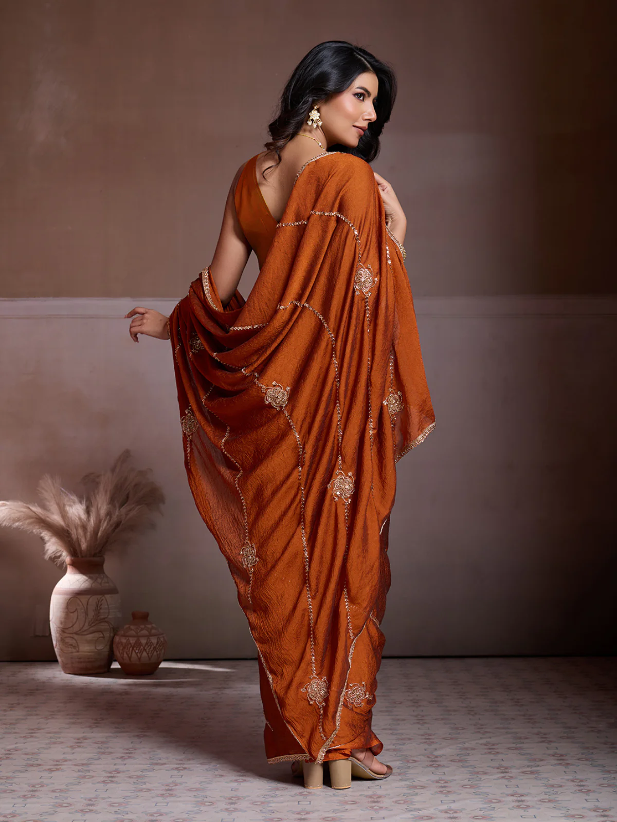 Odette Rust Orange Silk Blend Embroidered Saree For Women - Image 3