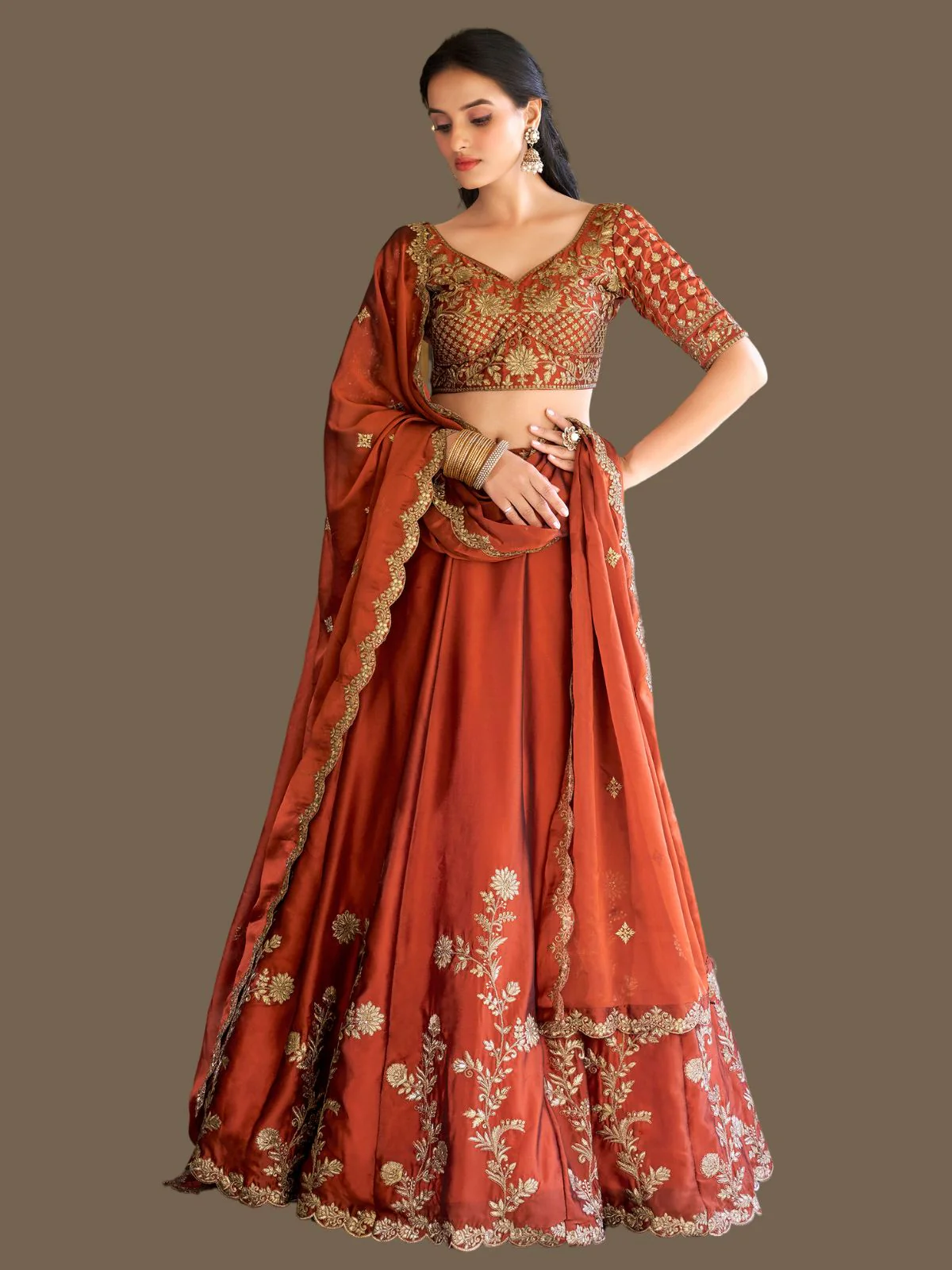 Odette Rust Orange Silk Semi Stiched Lehanga For Women - Image 2
