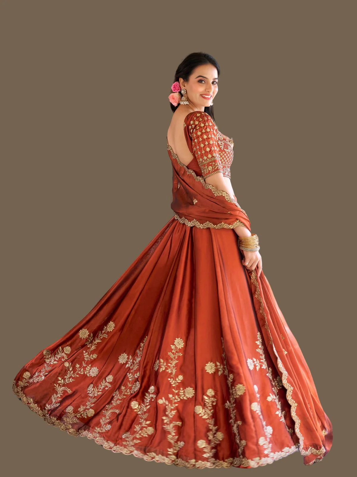 Odette Rust Orange Silk Semi Stiched Lehanga For Women - Image 3