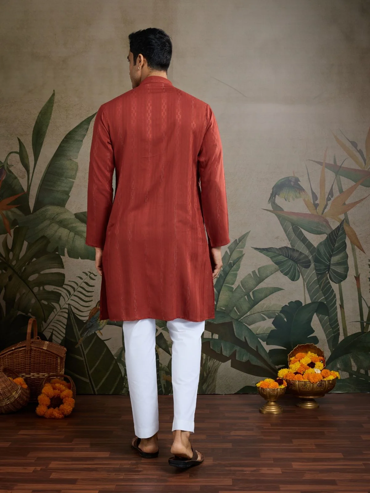 Odette Rust Orange Viscose Rayon Embellished Stitched Kurta For Men - Image 5