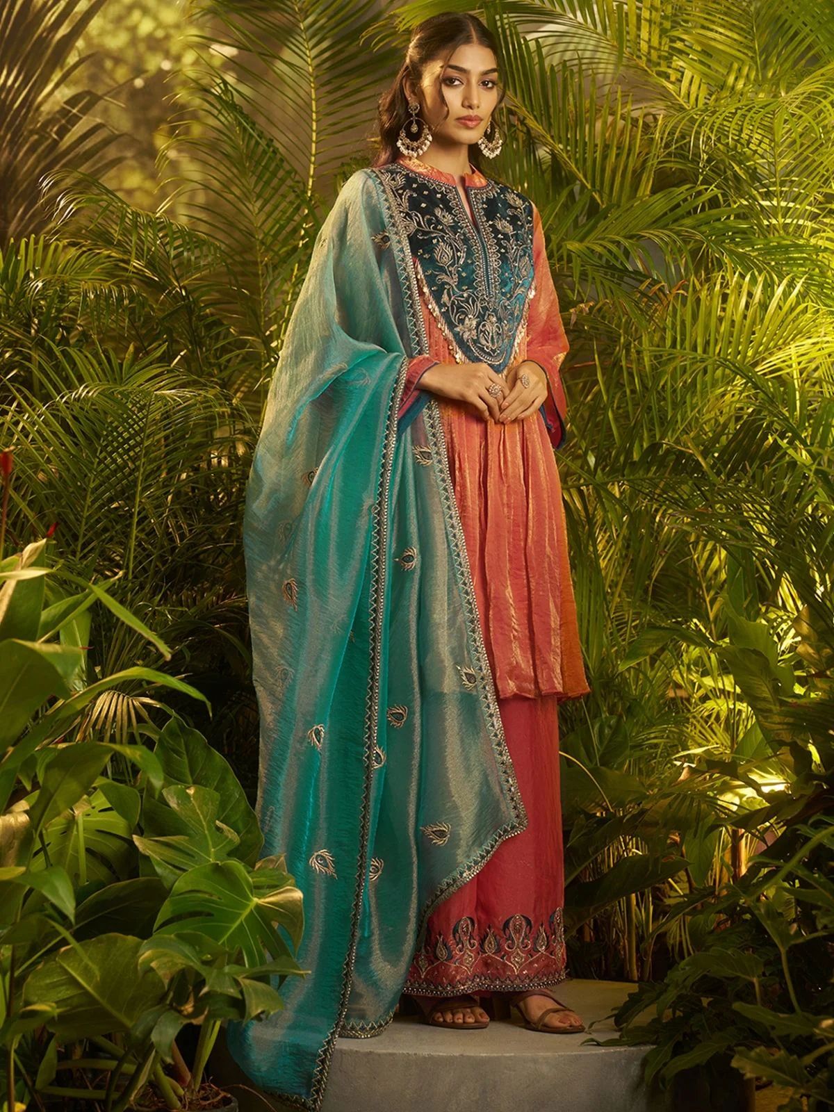 Odette Rust Organza Embellished Kurta Set For Women - Image 2