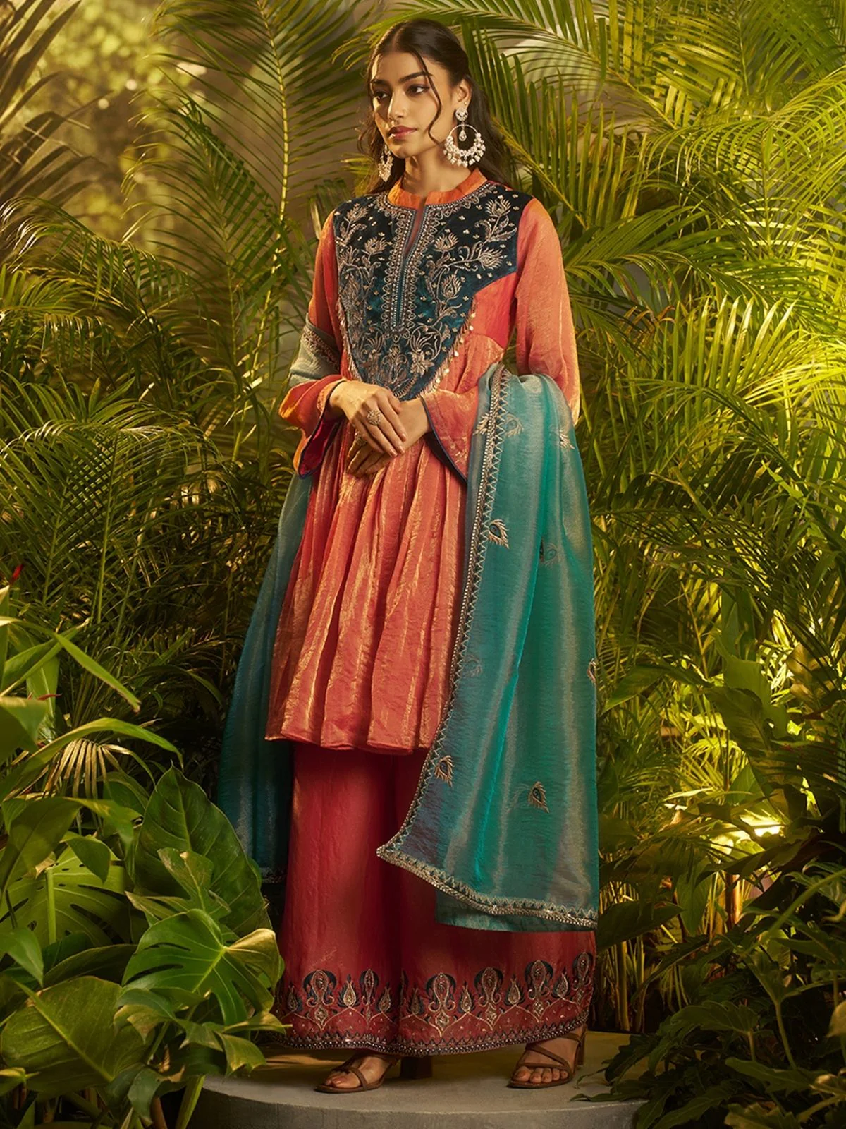 Odette Rust Organza Embellished Kurta Set For Women - Image 3
