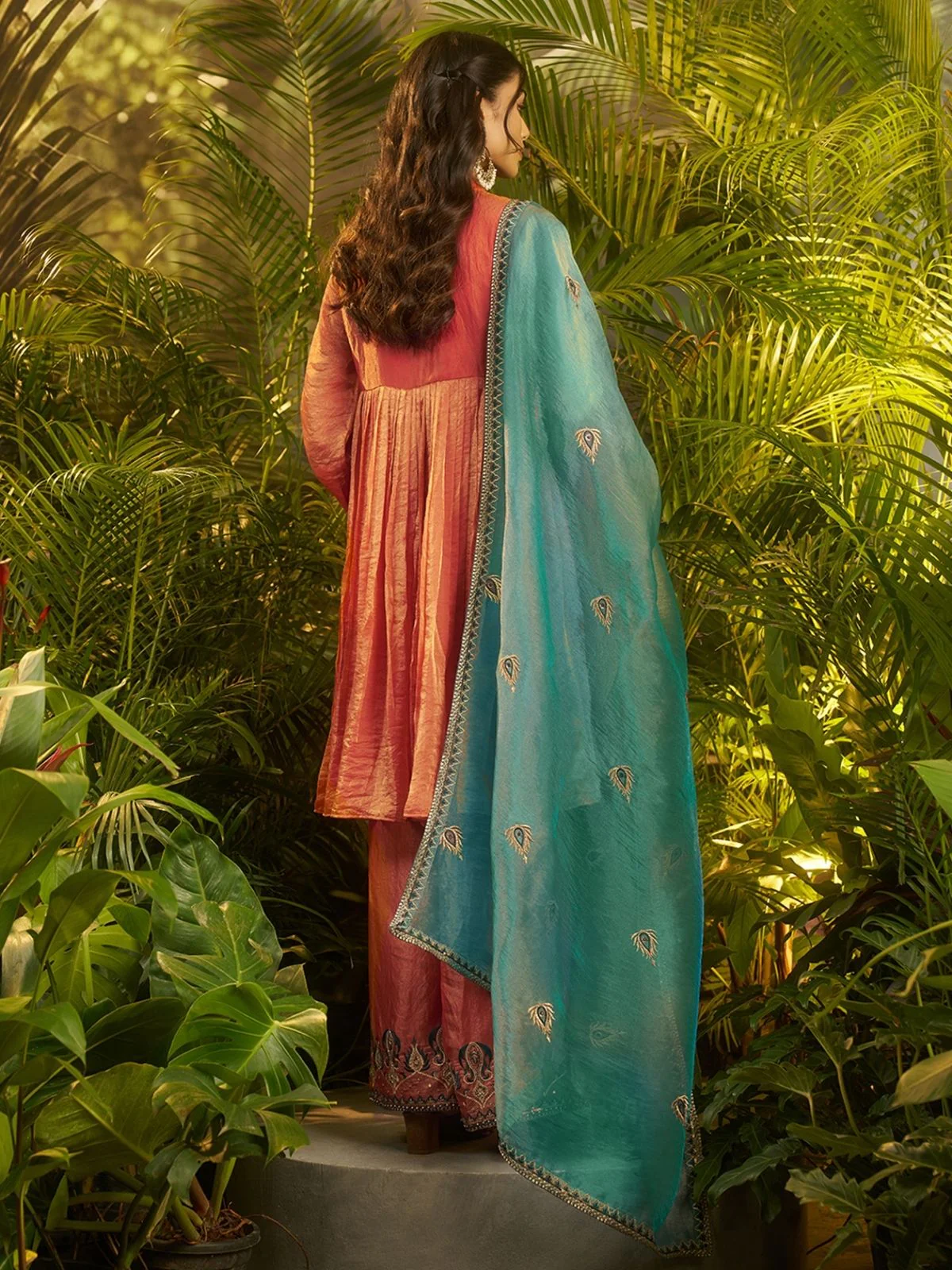 Odette Rust Organza Embellished Kurta Set For Women - Image 4