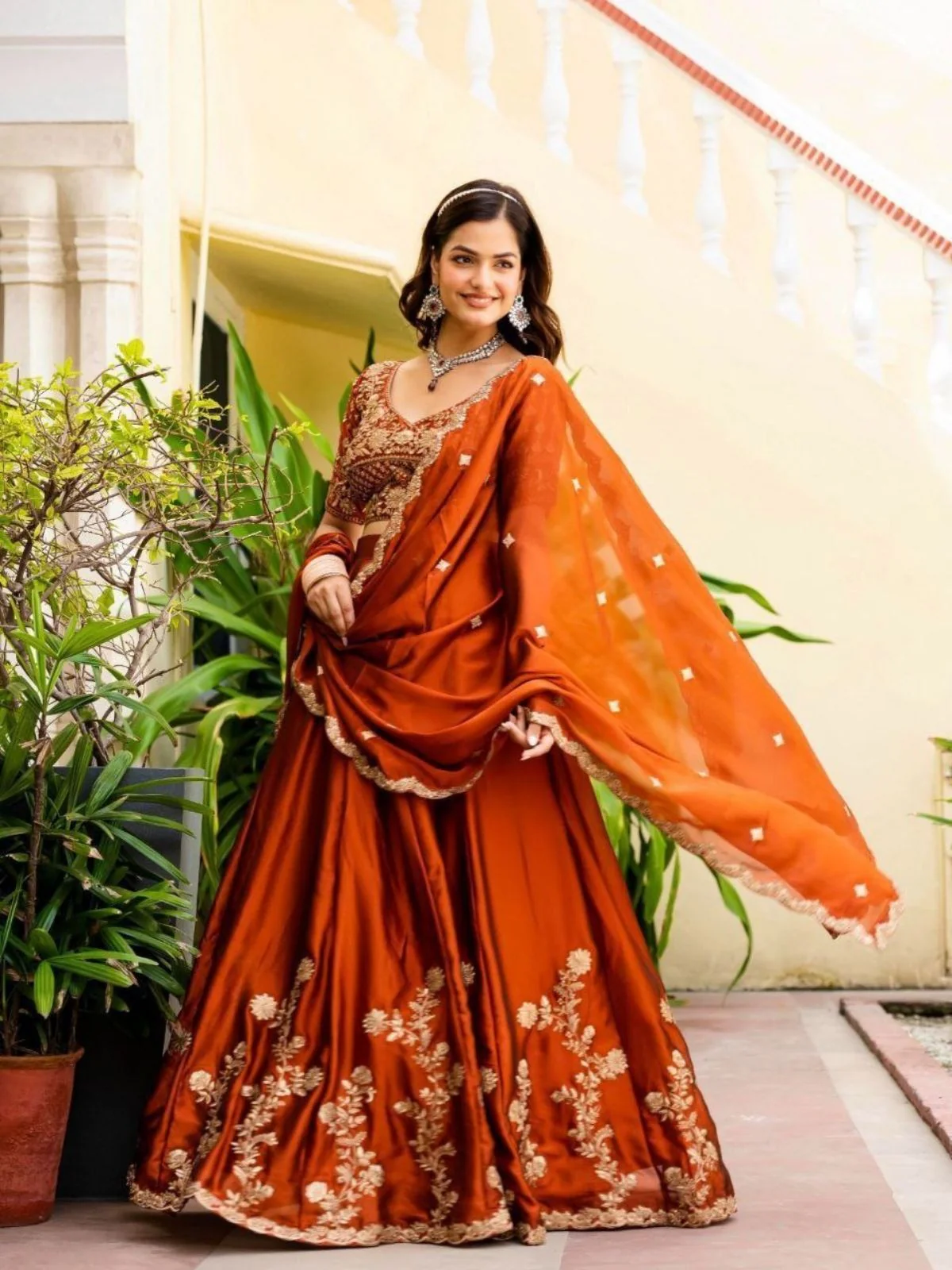 Odette Rust Silk Blend Embellished Semi Stitched Lehenga For Women - Image 2
