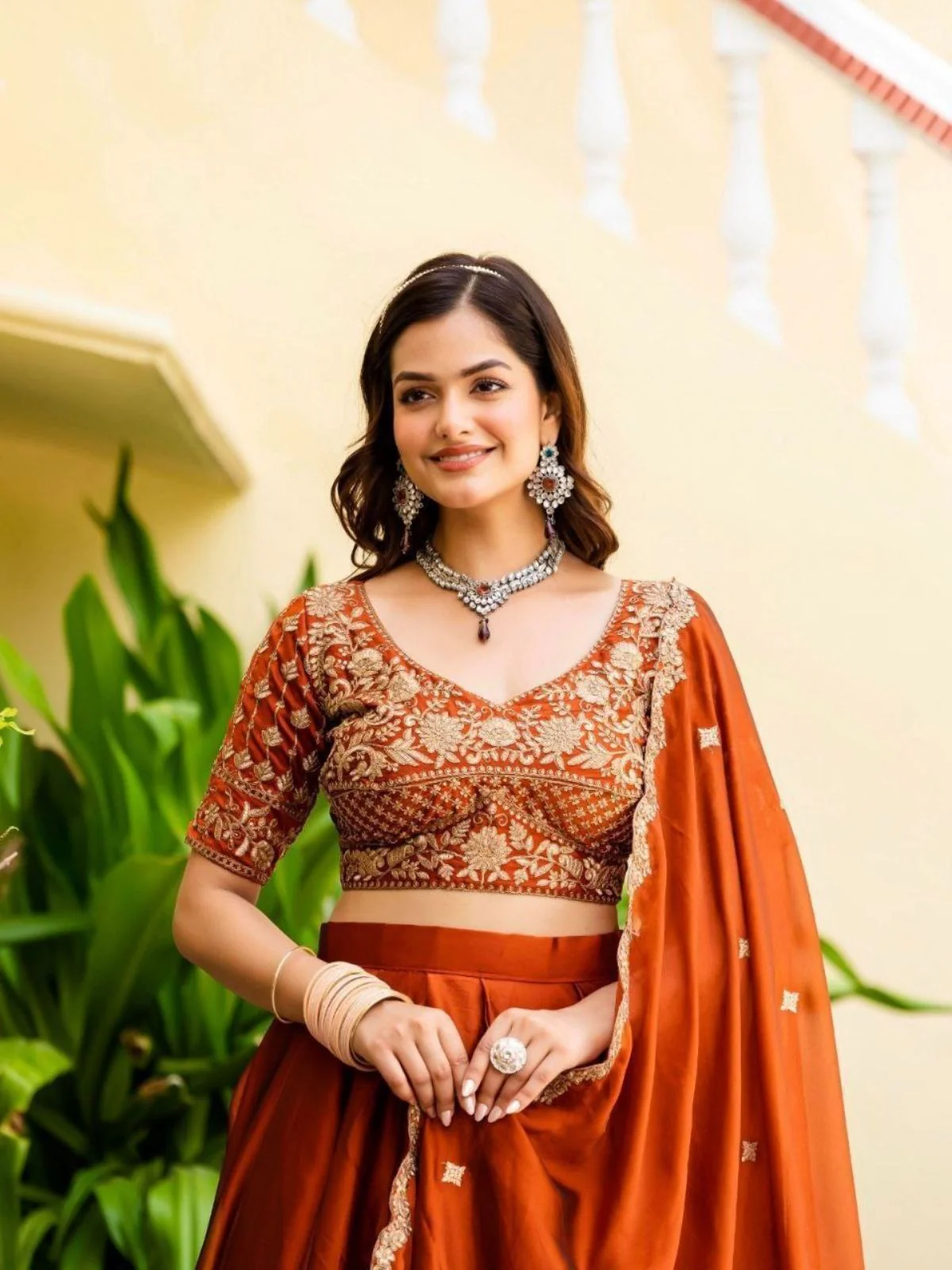 Odette Rust Silk Blend Embellished Semi Stitched Lehenga For Women - Image 3