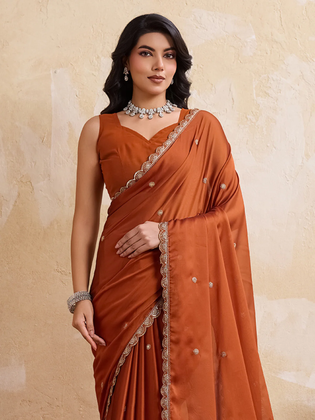 Odette Rust Silk Blend Embroidered Saree For Women - Image 4