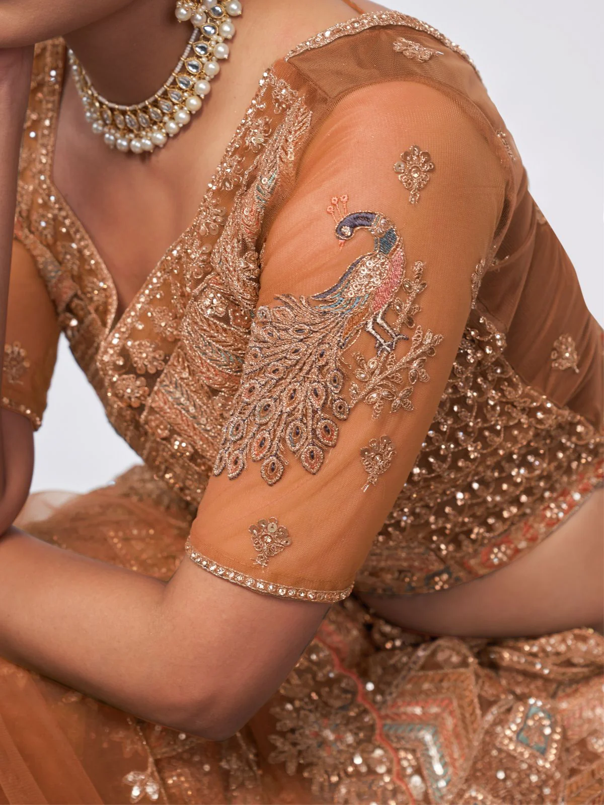 Odette Rust Color Soft Net Embroidered Semi Stitched Lehenga With Unstitched Blouse For Women - Image 4