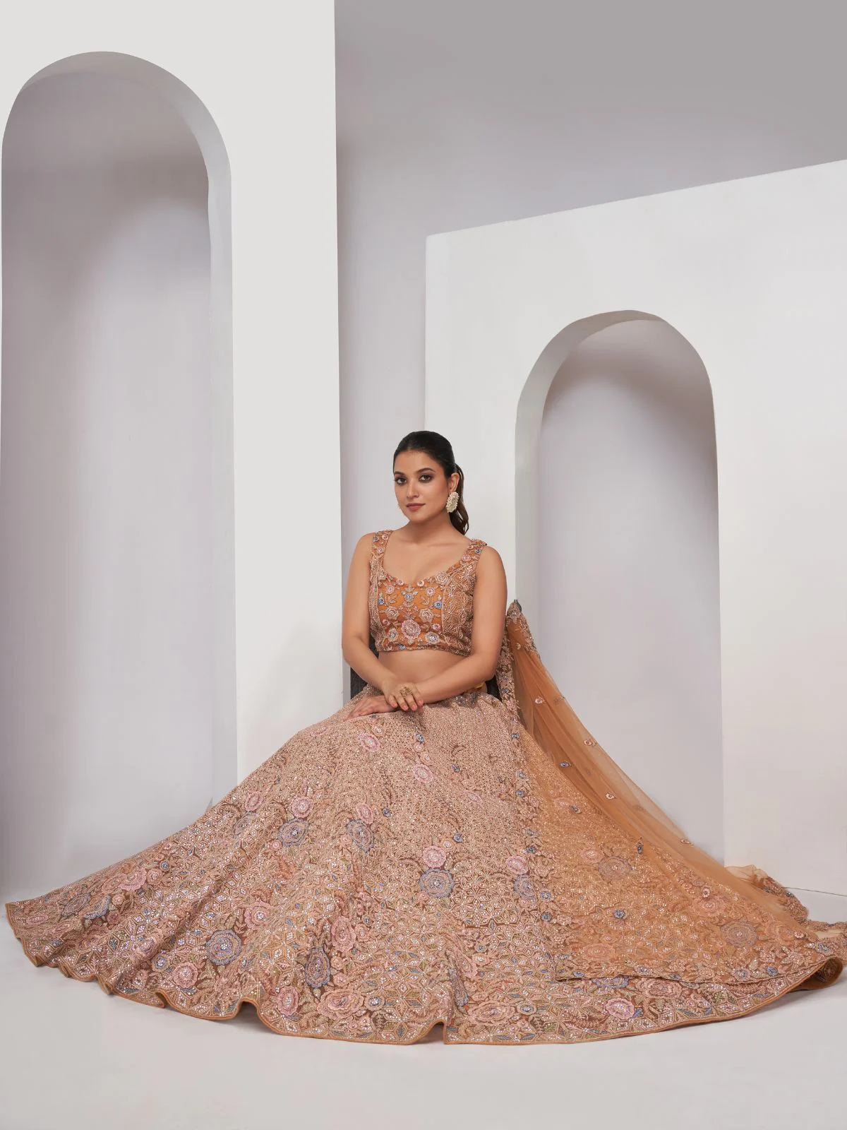 Odette Rust Soft Net Embroidered Semi Stitched Lehenga With Unstitched Blouse For Women - Image 2