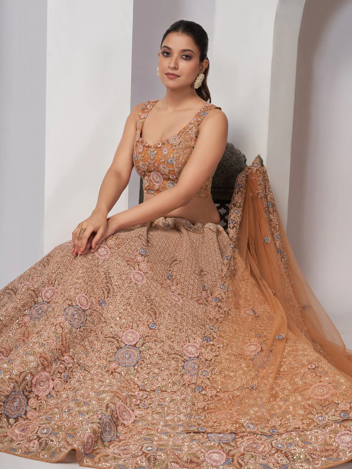 Odette Rust Soft Net Embroidered Semi Stitched Lehenga With Unstitched Blouse For Women - Image 3