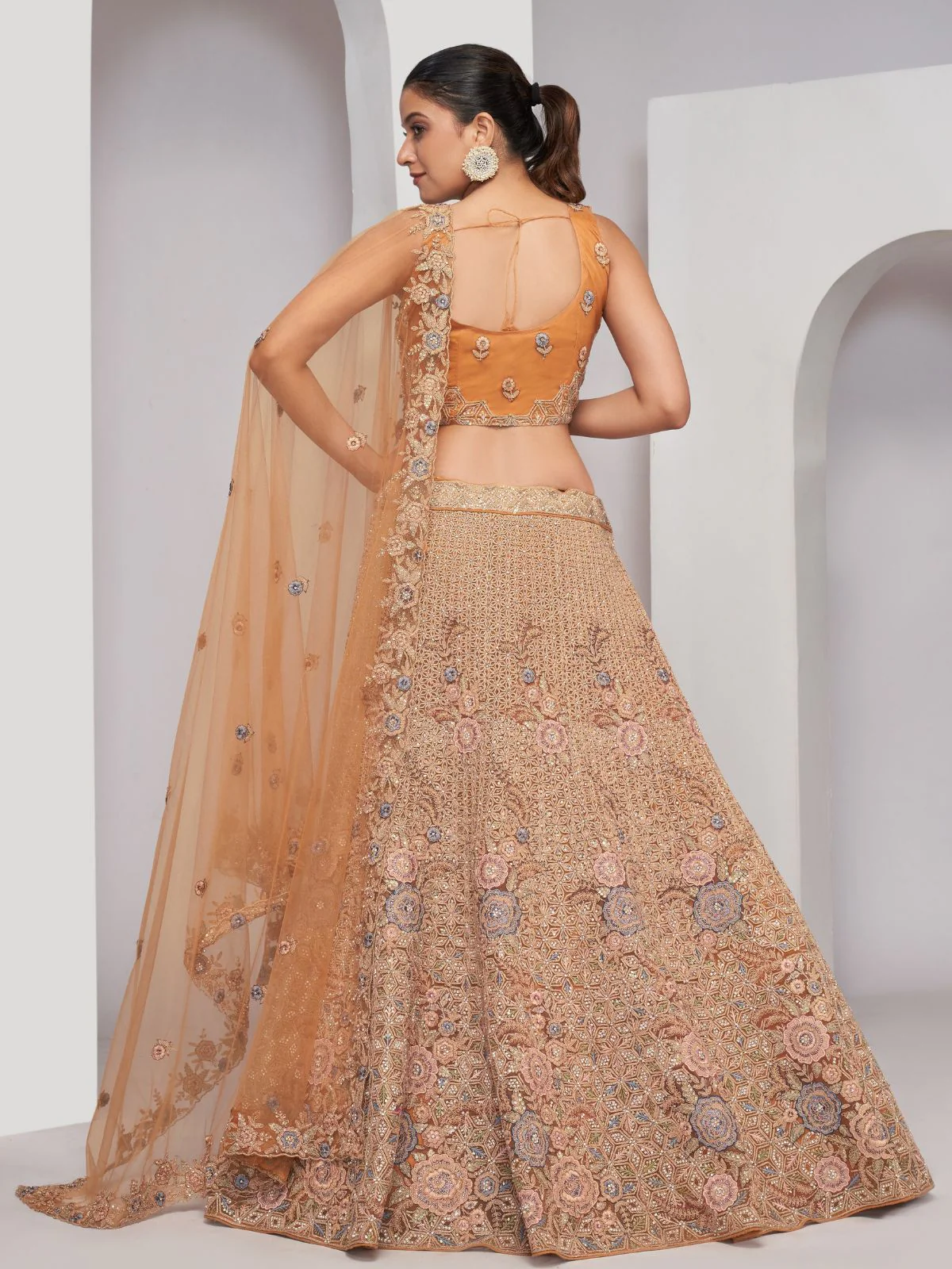 Odette Rust Soft Net Embroidered Semi Stitched Lehenga With Unstitched Blouse For Women - Image 5