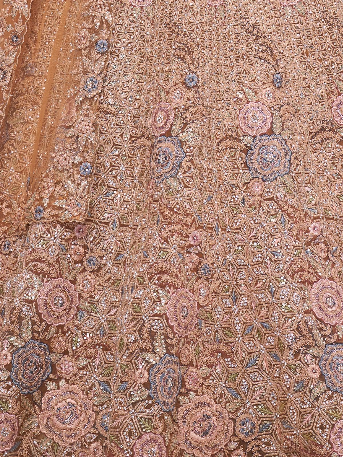 Odette Rust Soft Net Embroidered Semi Stitched Lehenga With Unstitched Blouse For Women - Image 6