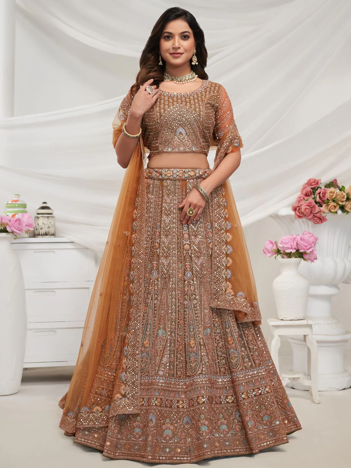Odette Rust Soft Net Embroidered Semi Stitched Lehenga With Unstitched Blouse For Women - Image 2