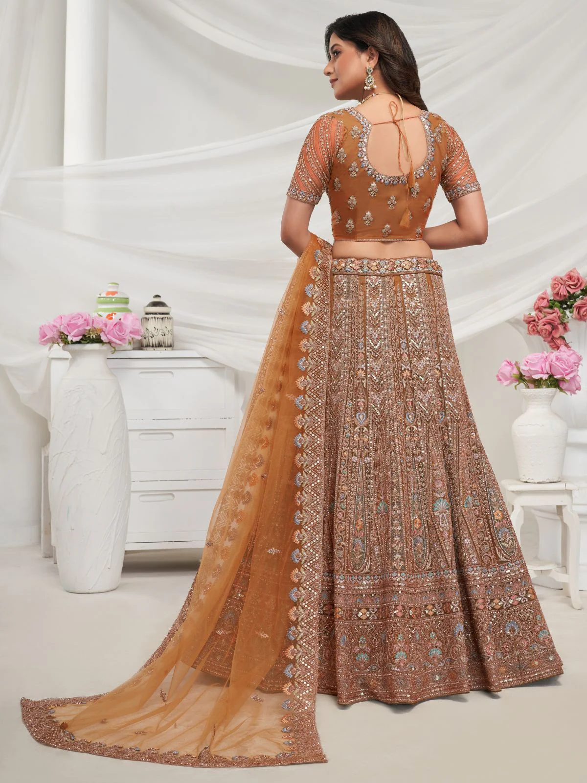 Odette Rust Soft Net Embroidered Semi Stitched Lehenga With Unstitched Blouse For Women - Image 4