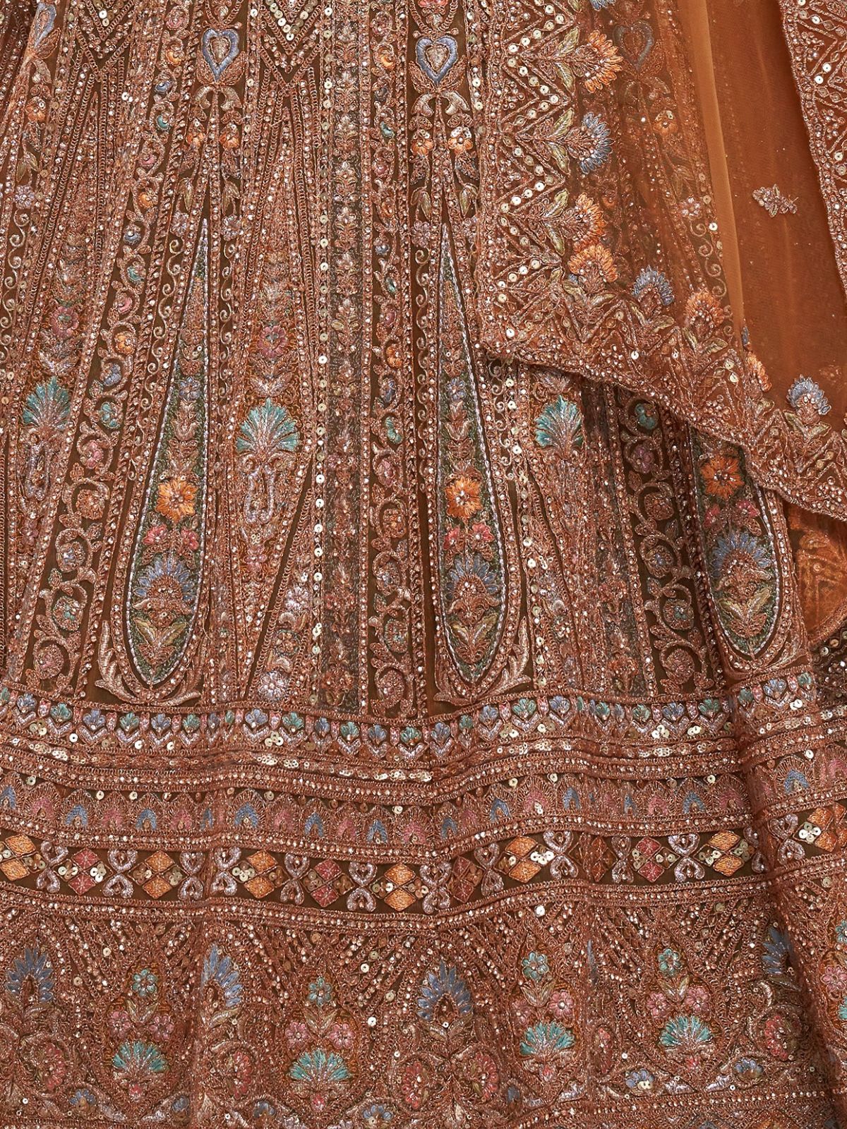 Odette Rust Soft Net Embroidered Semi Stitched Lehenga With Unstitched Blouse For Women - Image 5