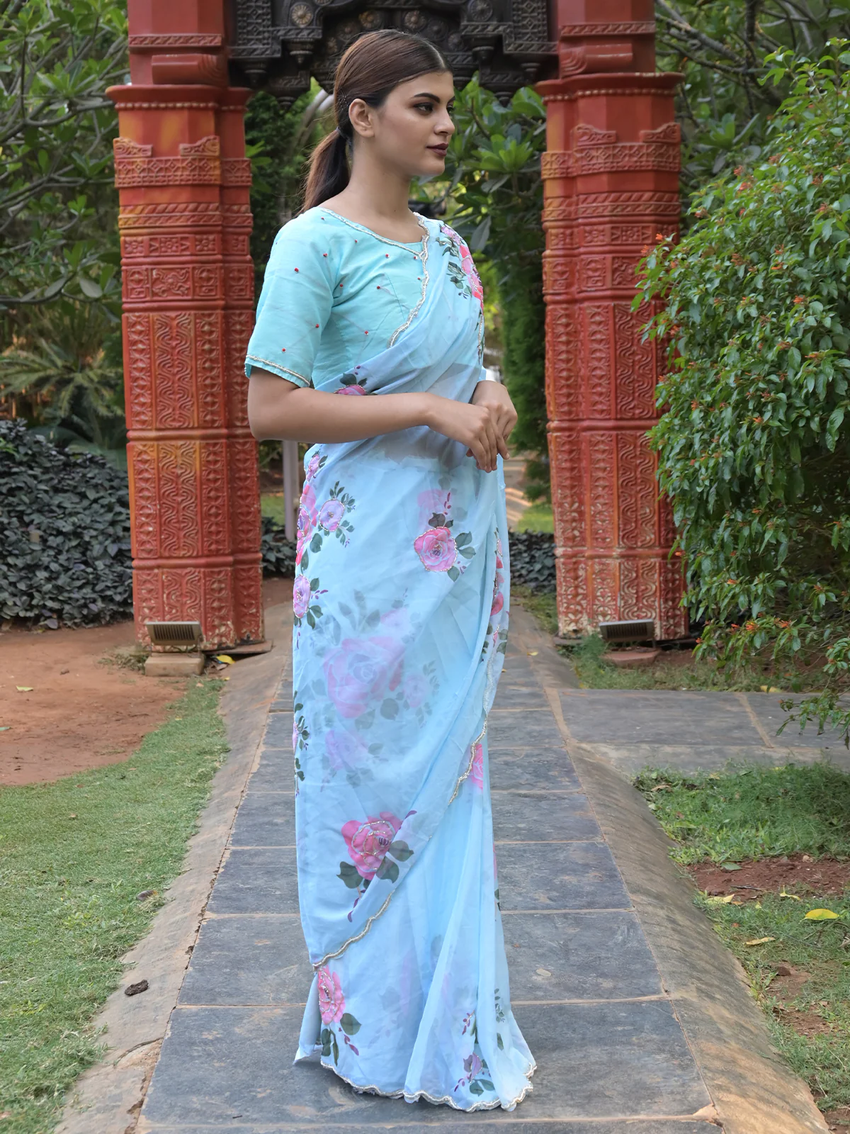 Odette Sea Blue Floral Printed Embroidered Soft Organza Saree with Unstitched Blouse for Women - Image 2