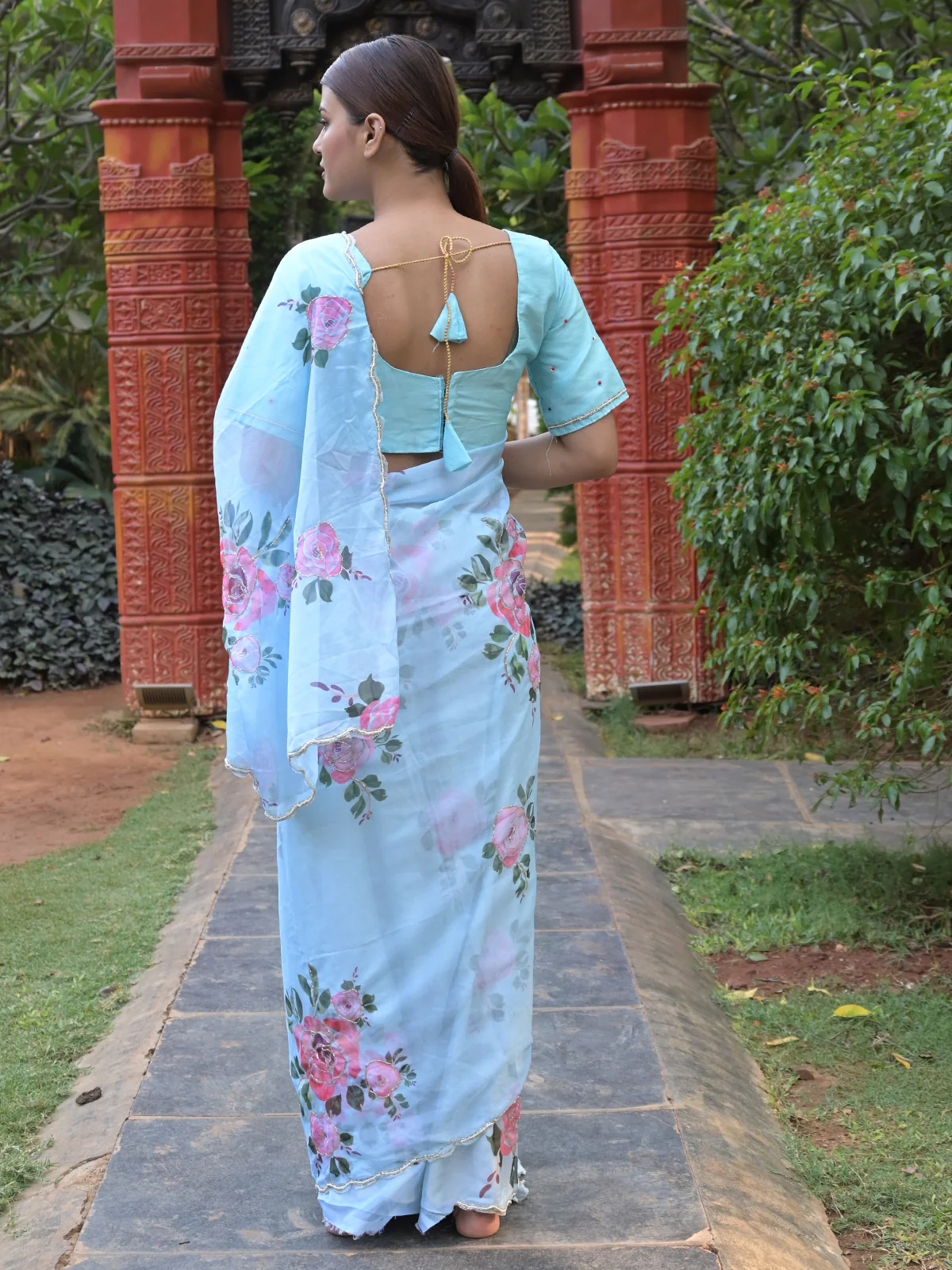 Odette Sea Blue Floral Printed Embroidered Soft Organza Saree with Unstitched Blouse for Women - Image 3