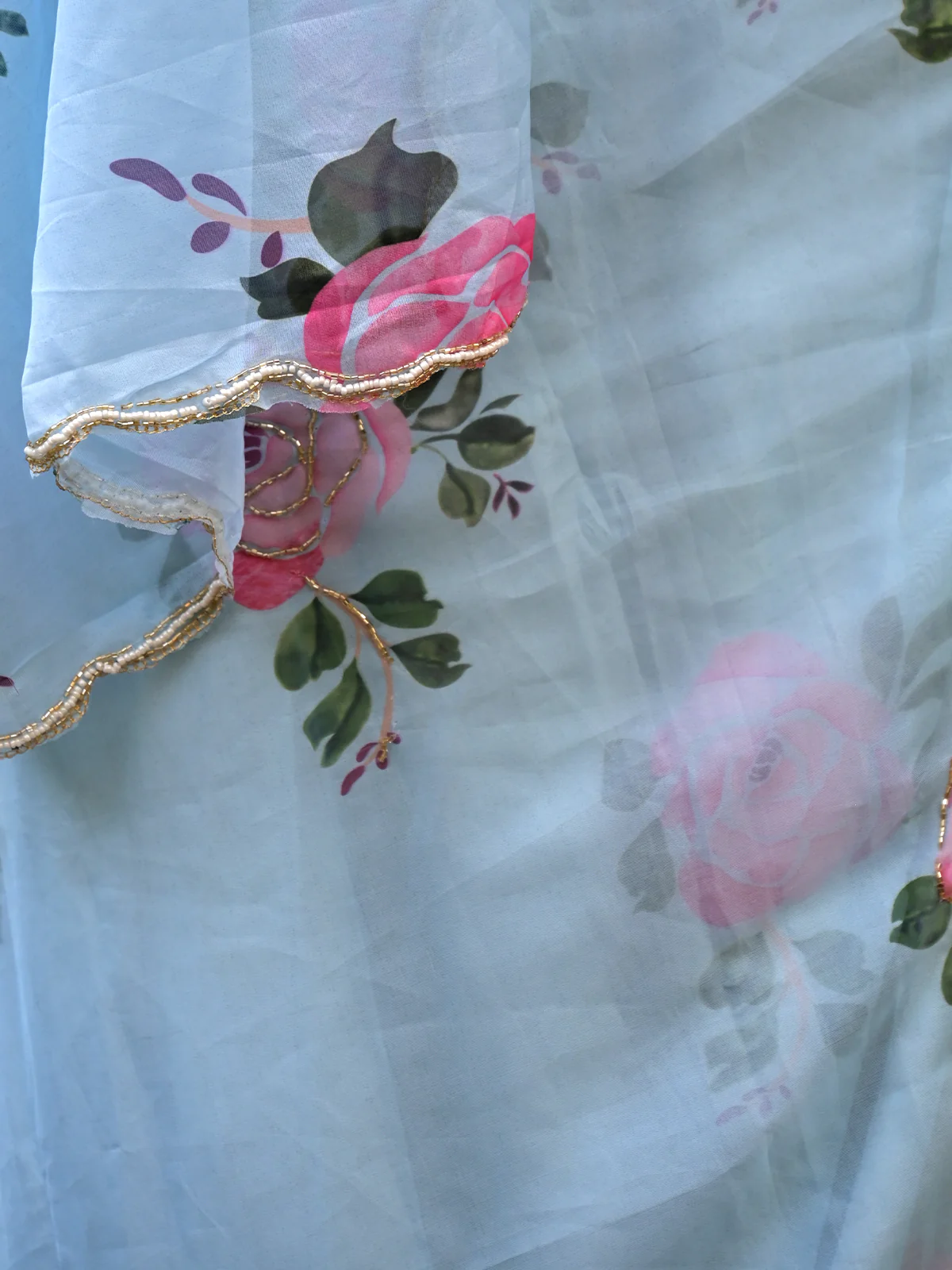 Odette Sea Blue Floral Printed Embroidered Soft Organza Saree with Unstitched Blouse for Women - Image 5