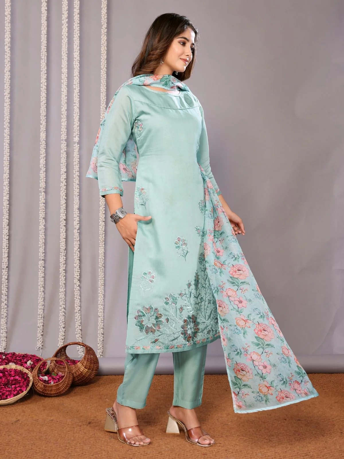Odette Sea Blue Silk Blend Embroidered Stiched Kurta Set For Women - Image 2