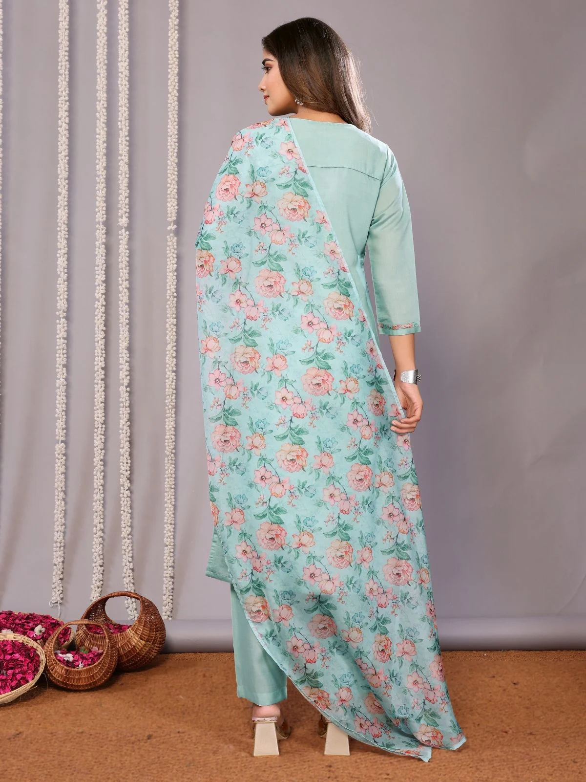 Odette Sea Blue Silk Blend Embroidered Stiched Kurta Set For Women - Image 3