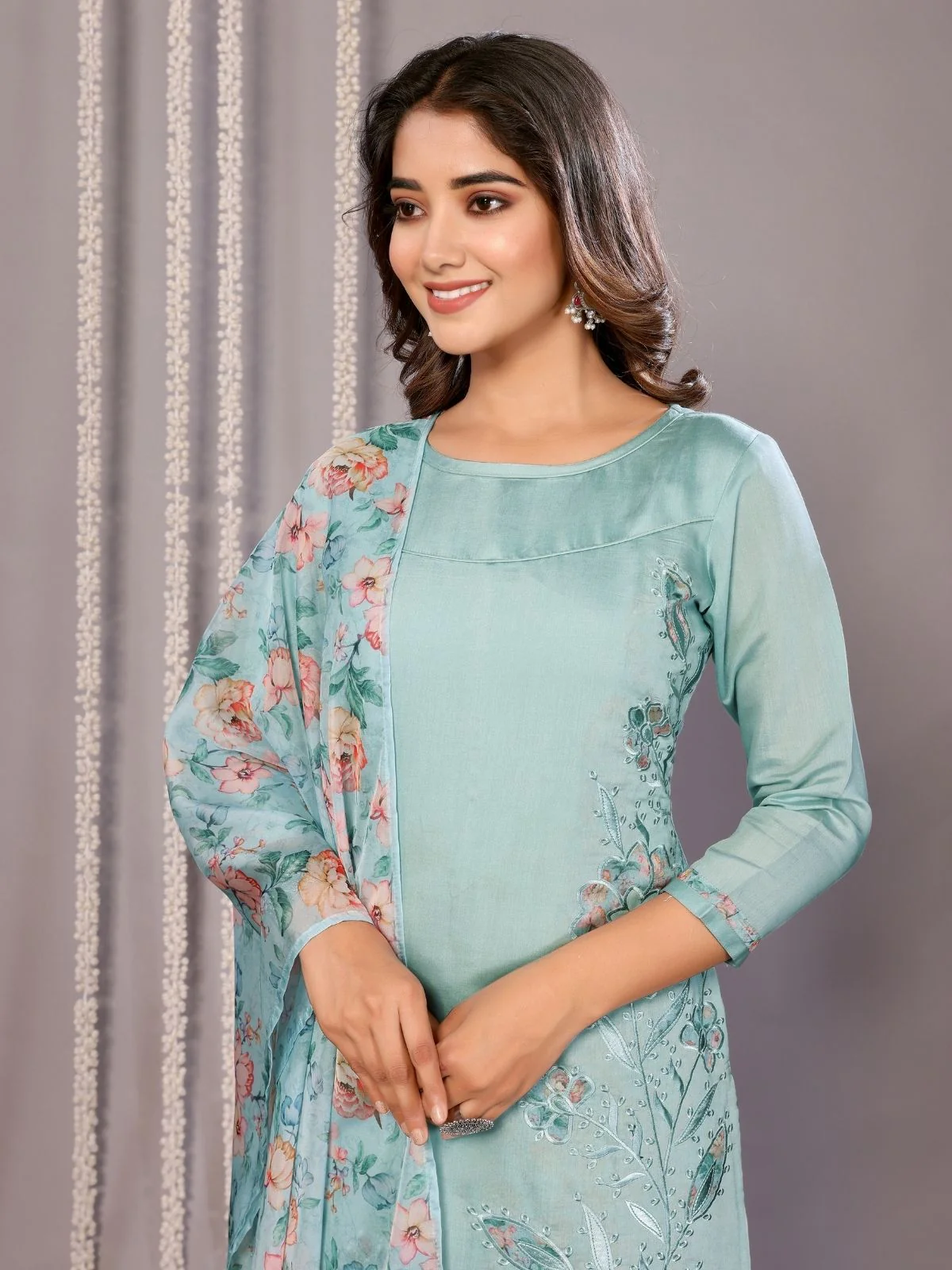 Odette Sea Blue Silk Blend Embroidered Stiched Kurta Set For Women - Image 4