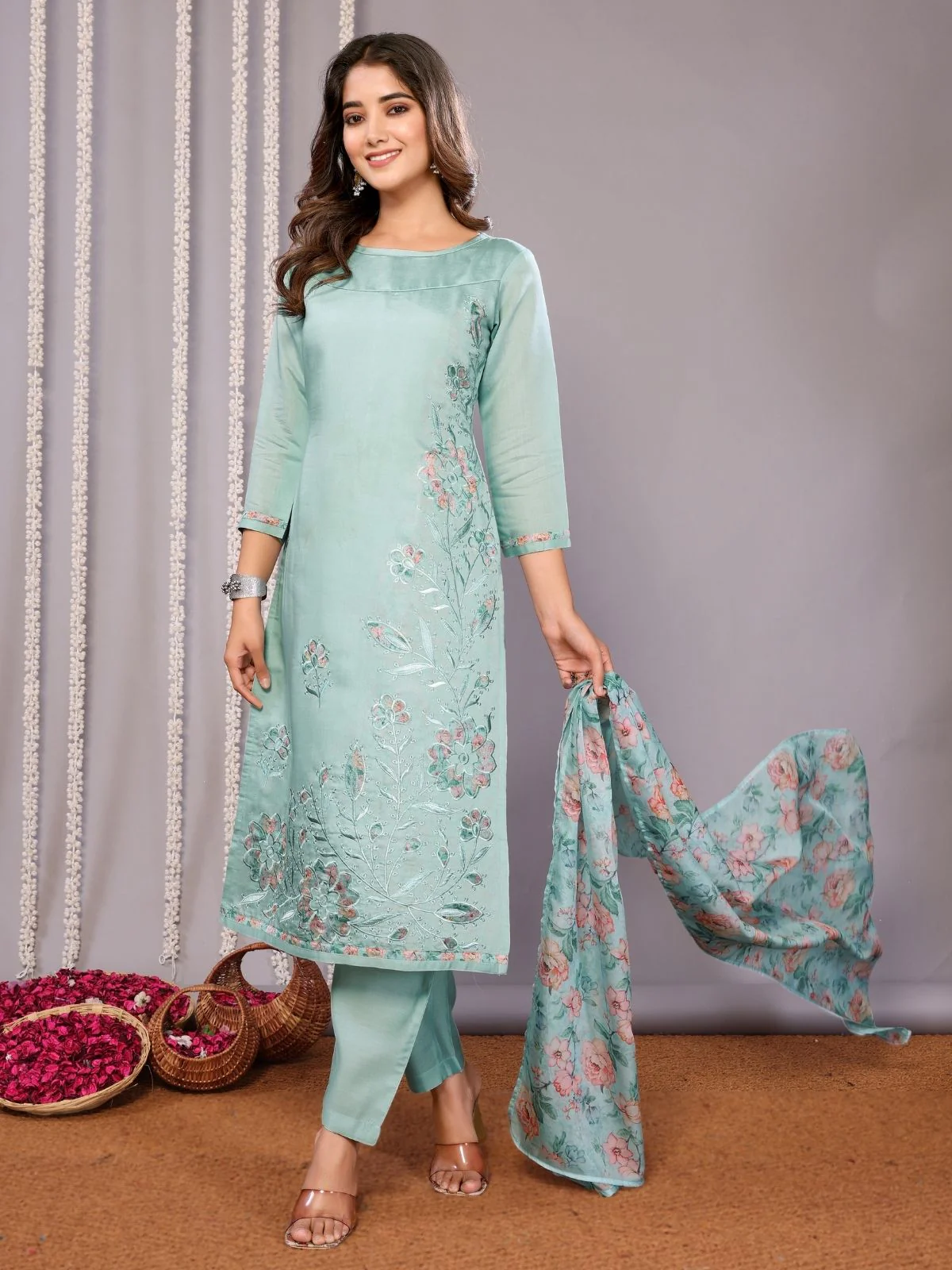Odette Sea Blue Silk Blend Embroidered Stiched Kurta Set For Women - Image 6