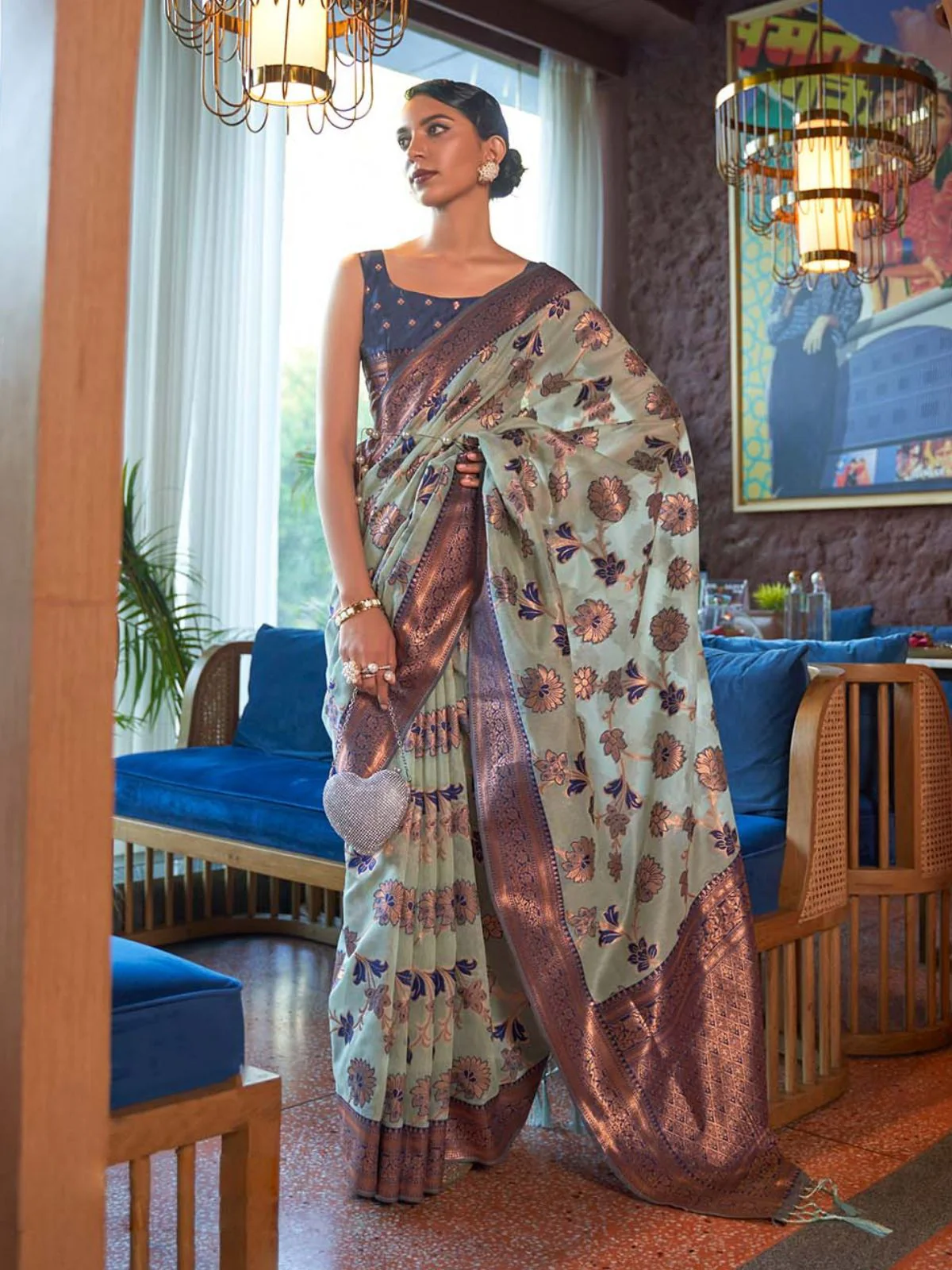 Odette Sea Green And Gold Woven Design Silk Blend Saree With Unstitched Blouse For Women