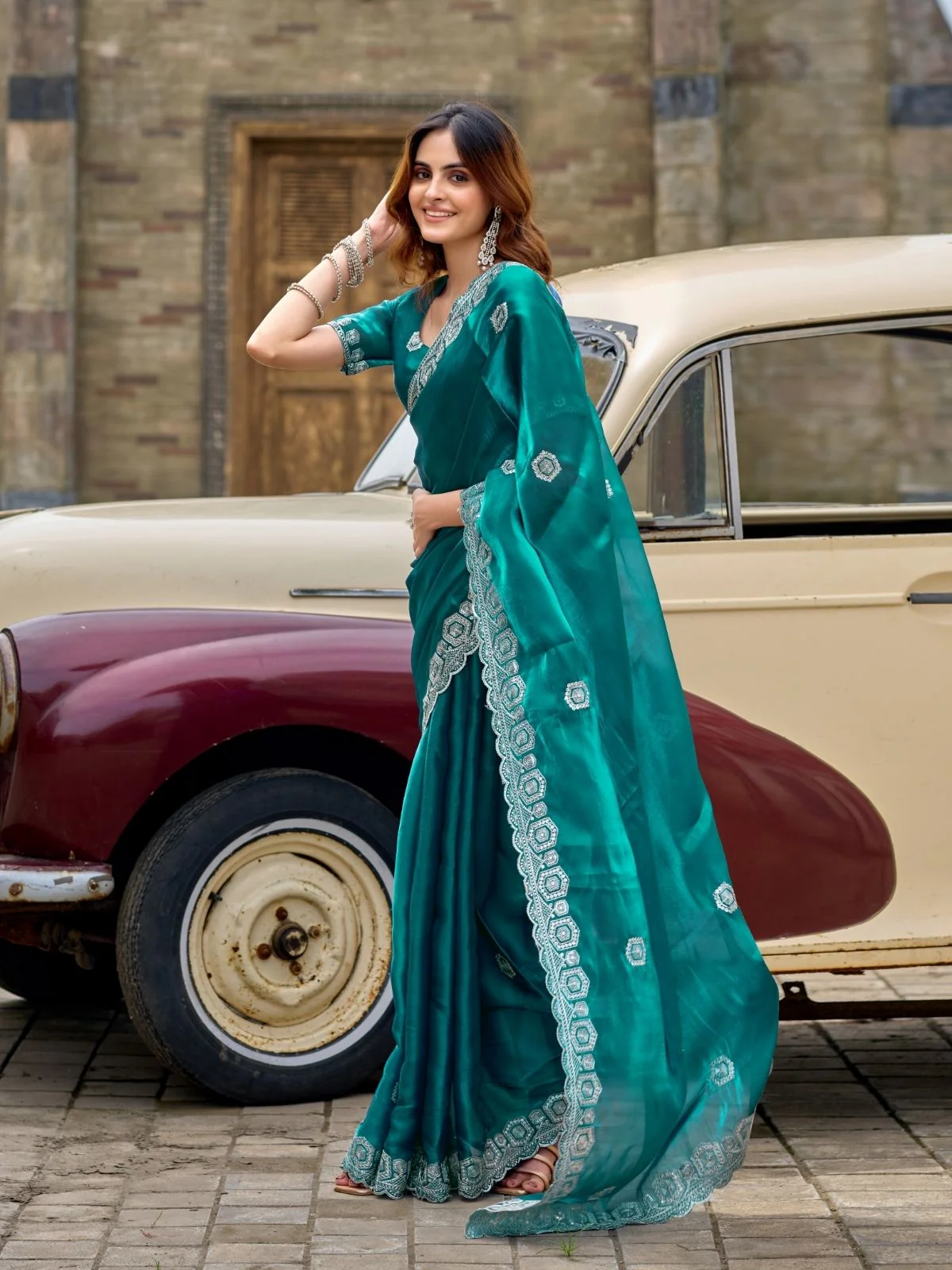 Odette Sea Green Chiffon Embellished Saree For Women - Image 2
