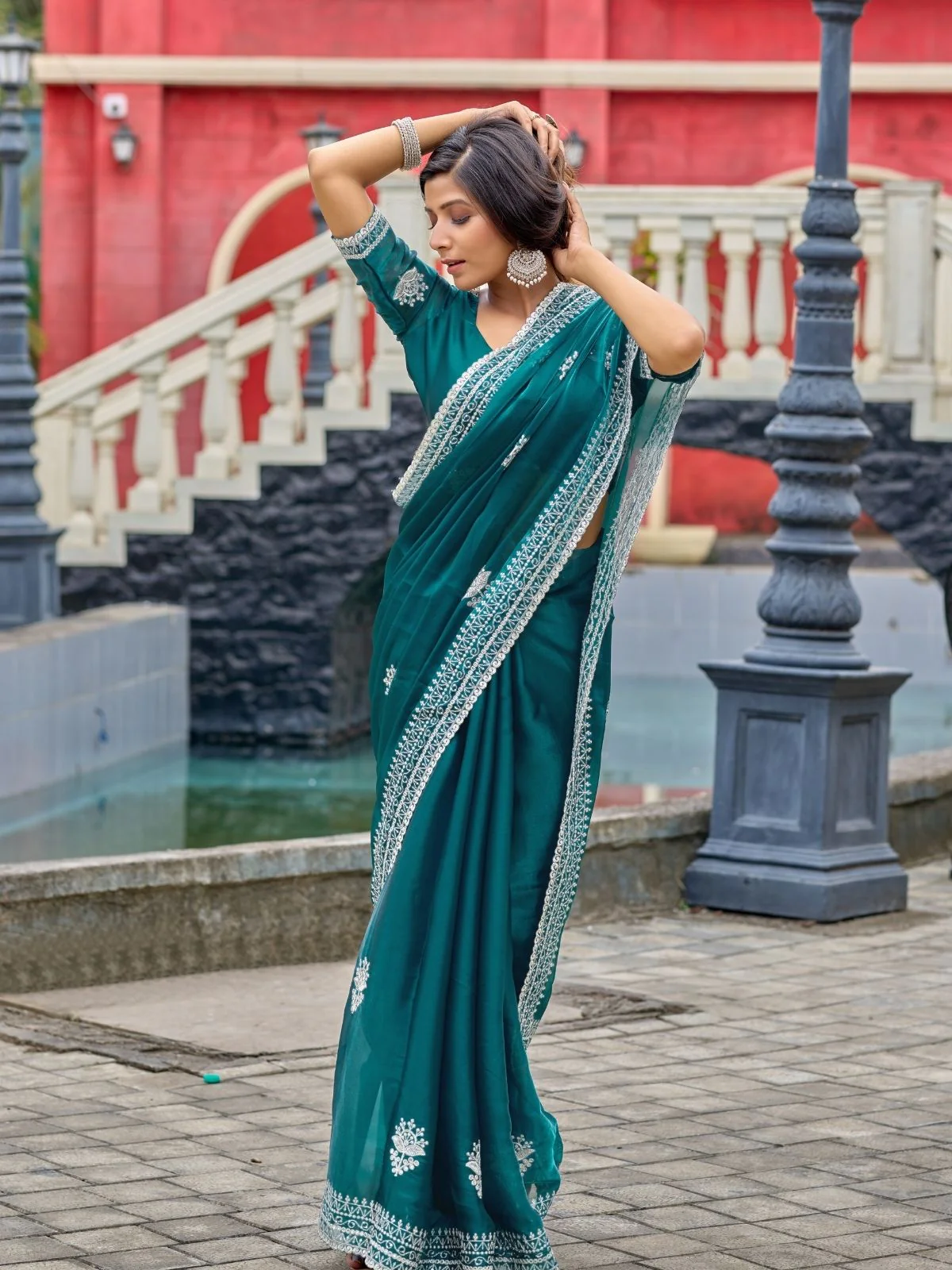 Odette Sea Green Chiffon Embroidered Saree For Women - Image 3