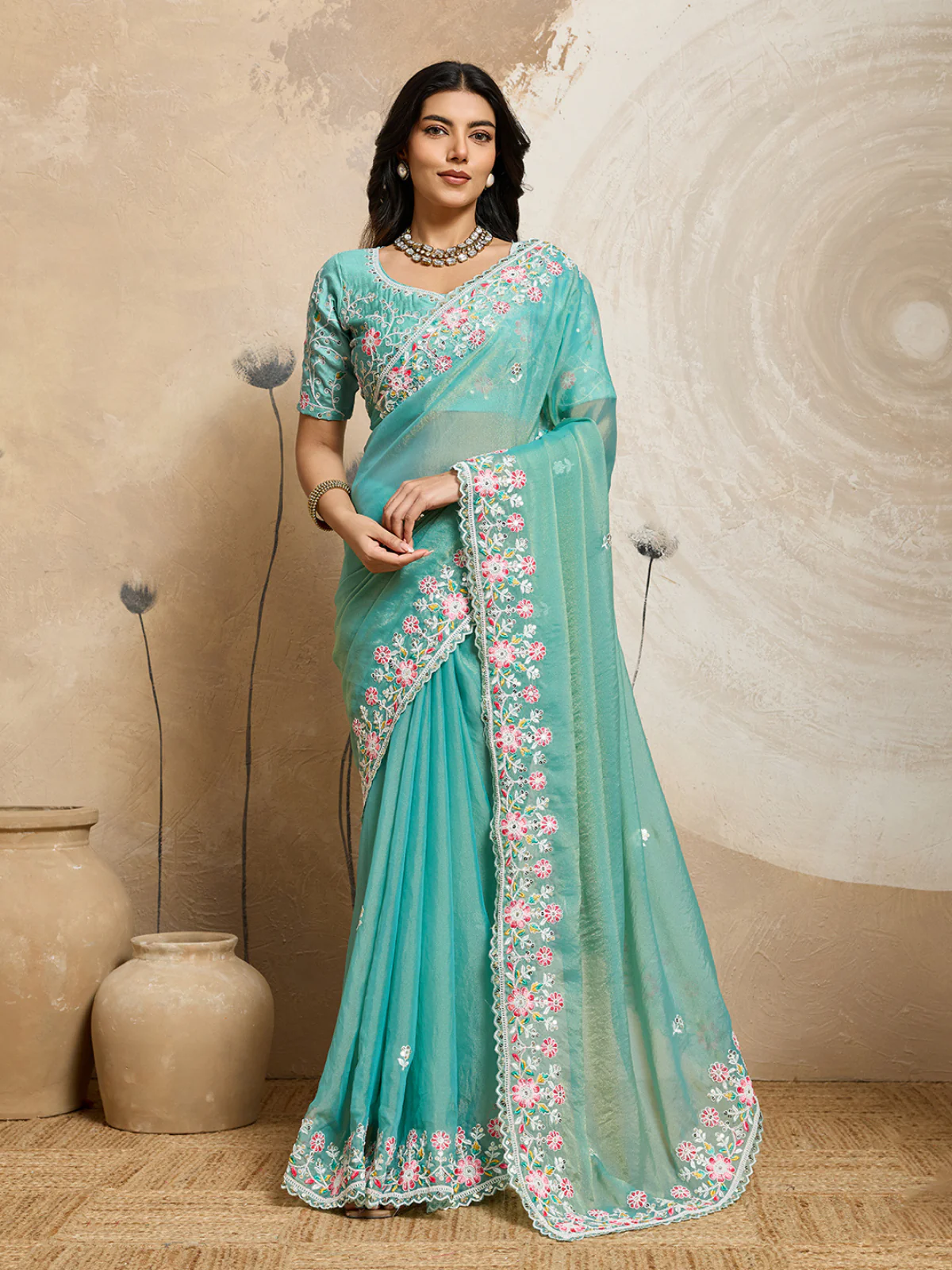 Odette Sea Green Chiffon Embroidered Saree For Women