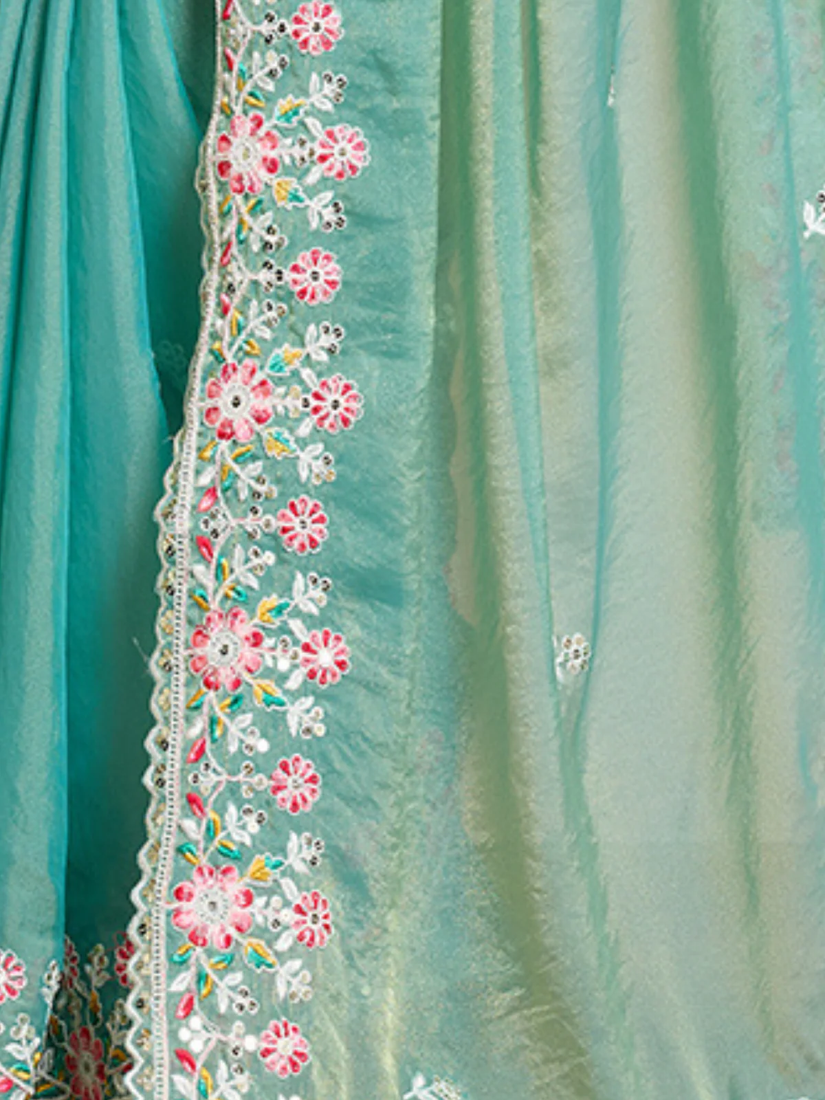 Odette Sea Green Chiffon Embroidered Saree For Women - Image 5