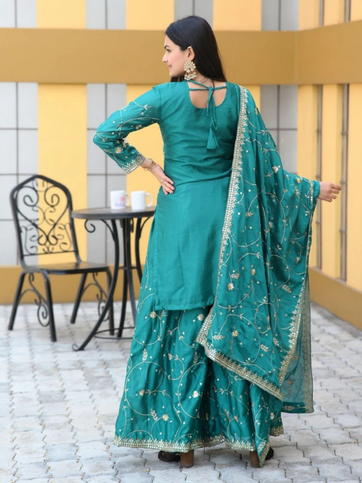 Odette Sea Green ChinonÂ Embroidered Stitched Kurta Set For Women - Image 2