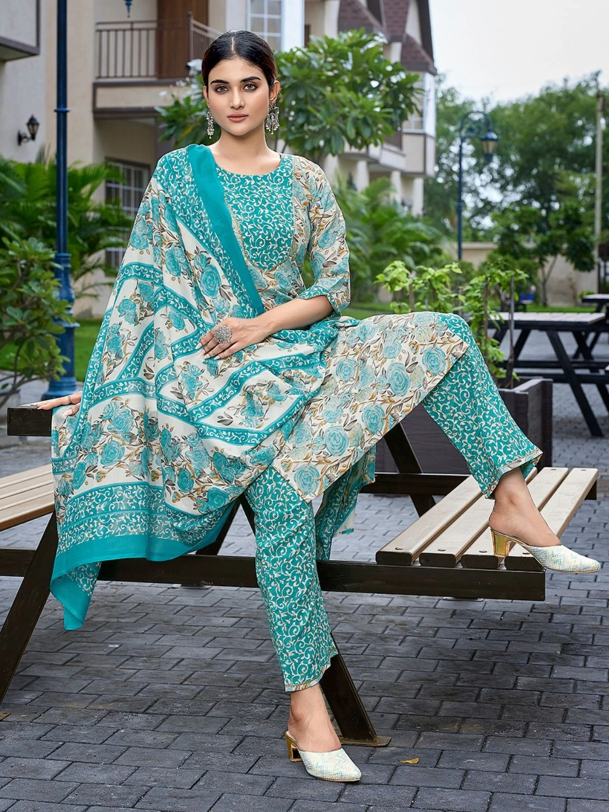Odette Sea Green Cotton Blend Printed Stiched Kurta Set For Women - Image 6