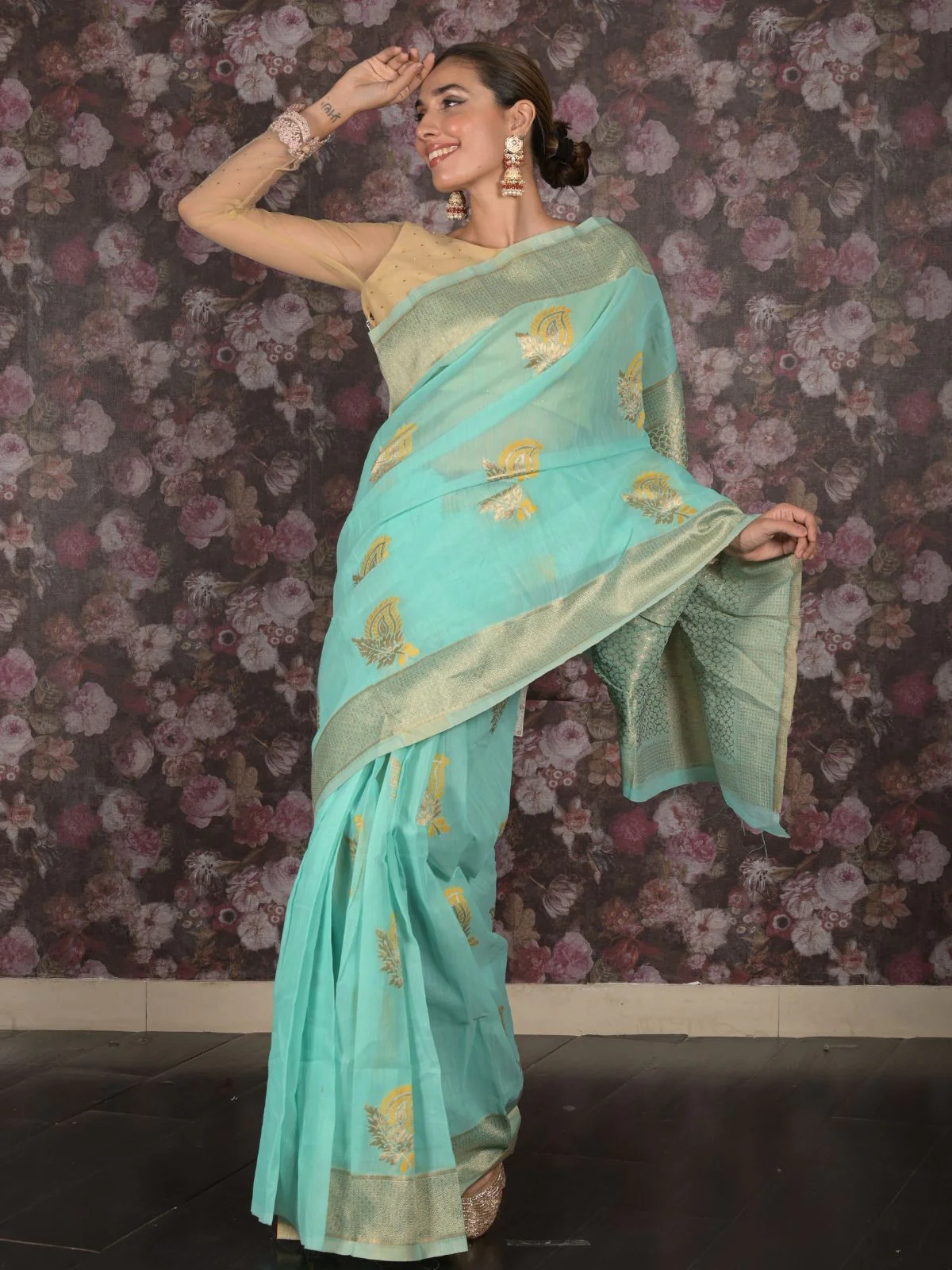 Odette Sea Green Cotton Blend Woven Saree with Unstitched Blouse for Women - Image 2