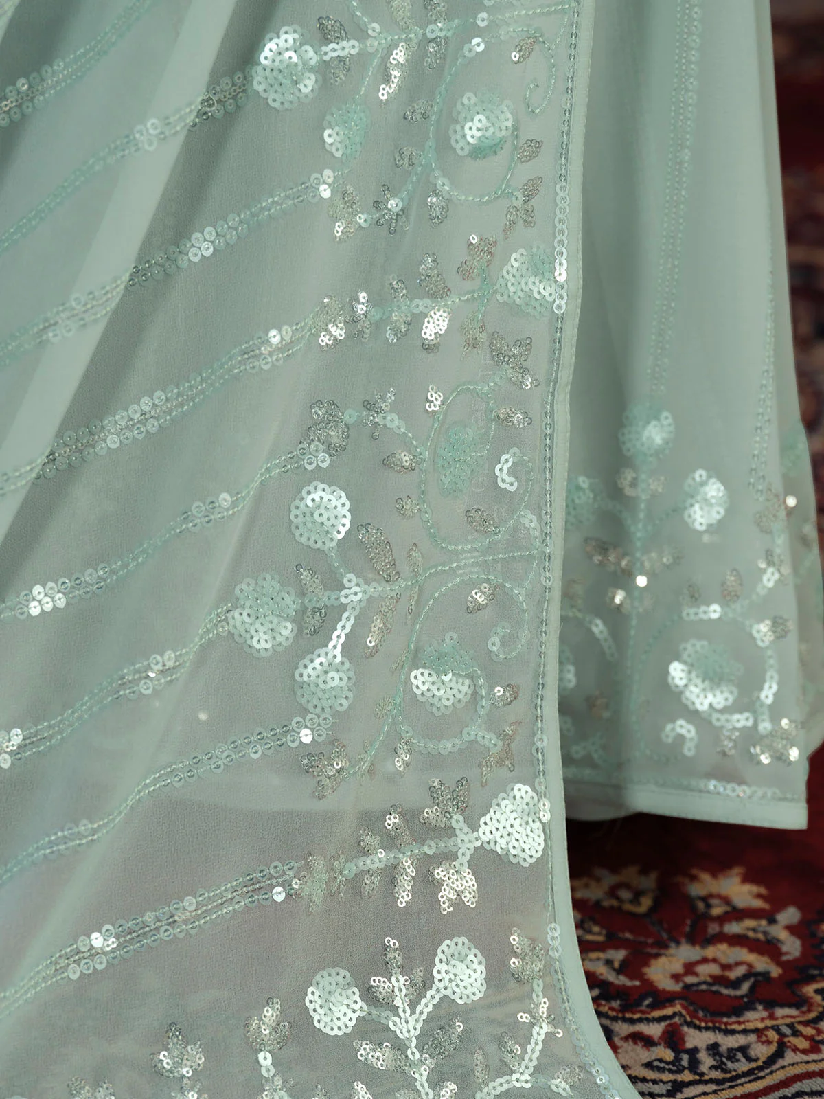 Odette Sea green Embellished Georgette Saree With unstitched Blouse For Women - Image 5